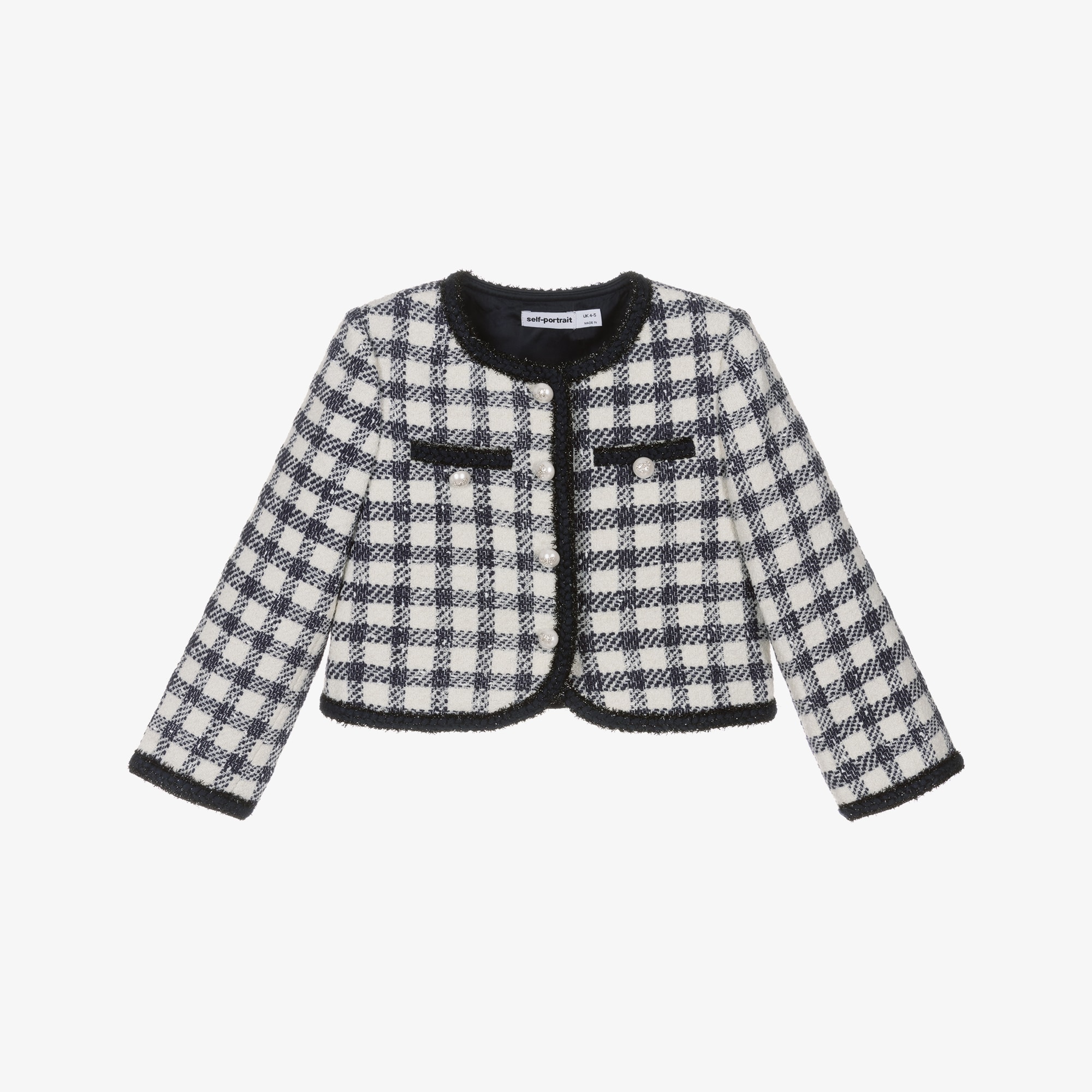 Girls Blue & Ivory Check Boucle Jacket with Pearl Logo Buttons - View 1
