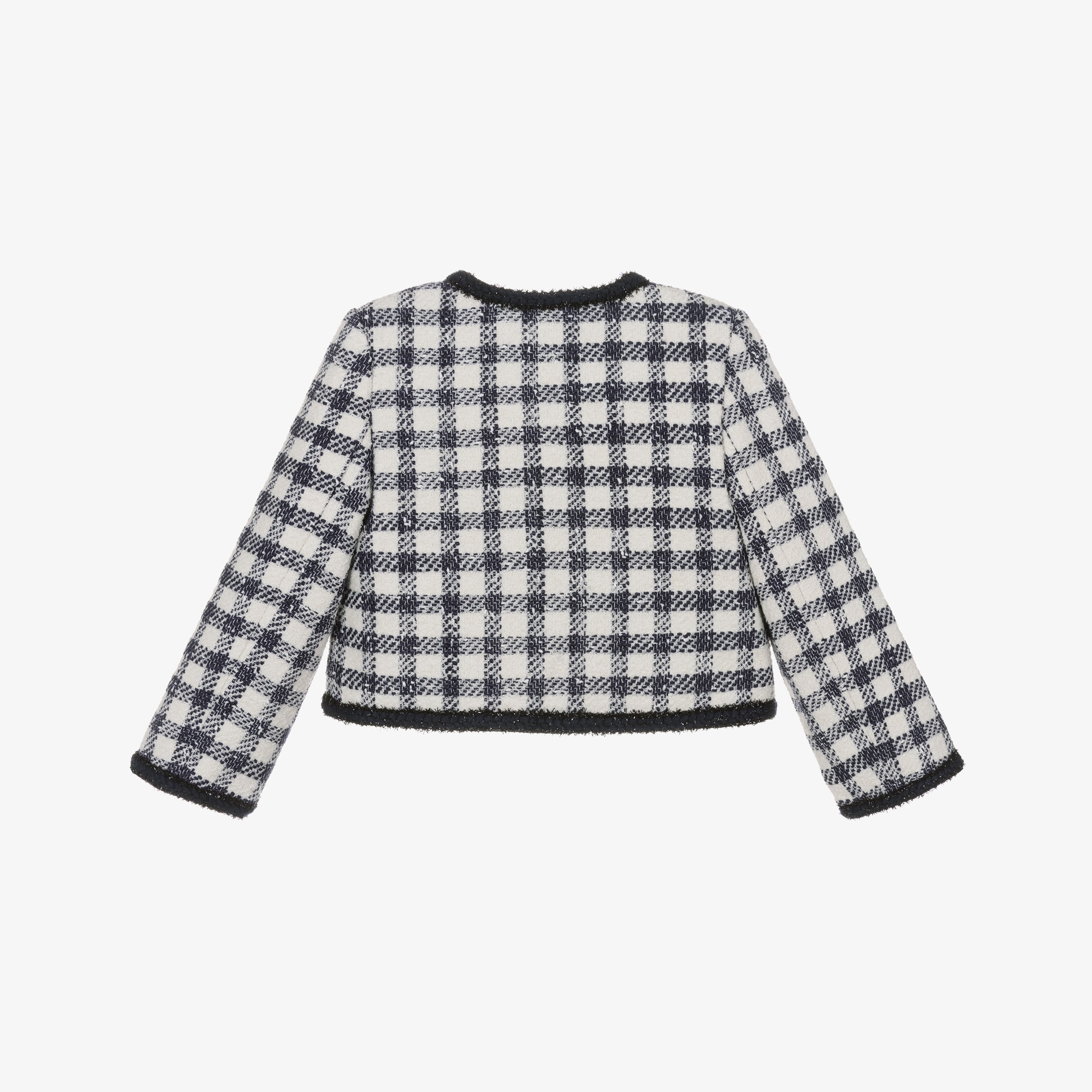 Girls Blue & Ivory Check Boucle Jacket with Pearl Logo Buttons - View 3