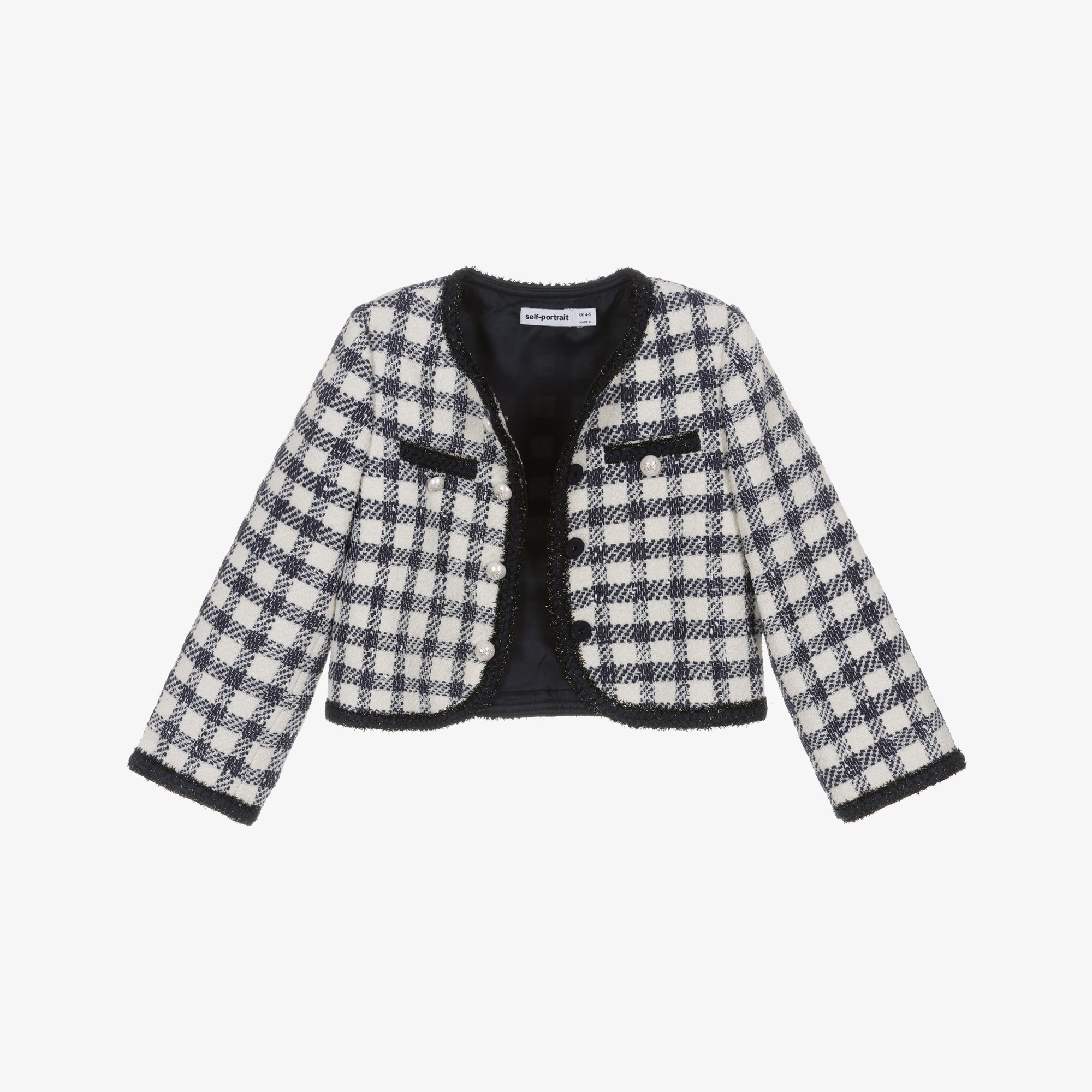 Girls Blue & Ivory Check Boucle Jacket with Pearl Logo Buttons - View 4