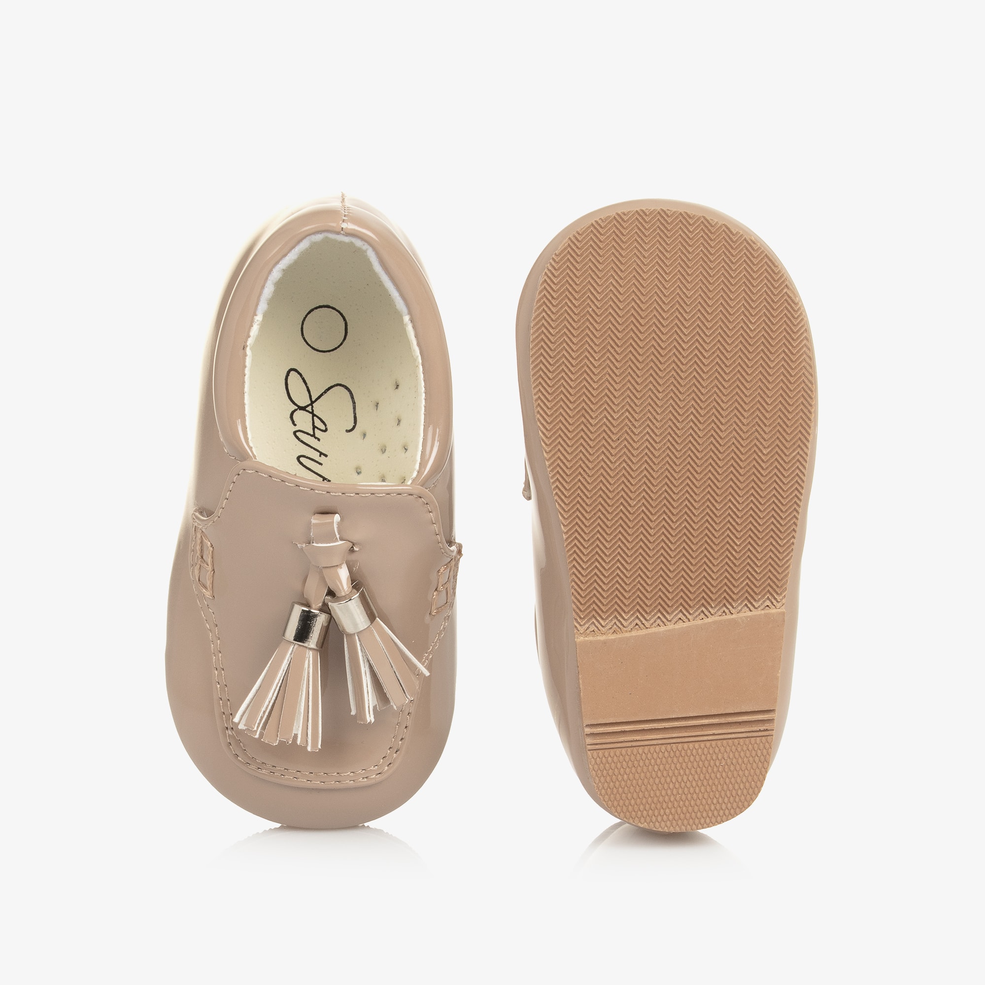 Boys Beige Faux Patent Leather First Walker Shoes - View 3