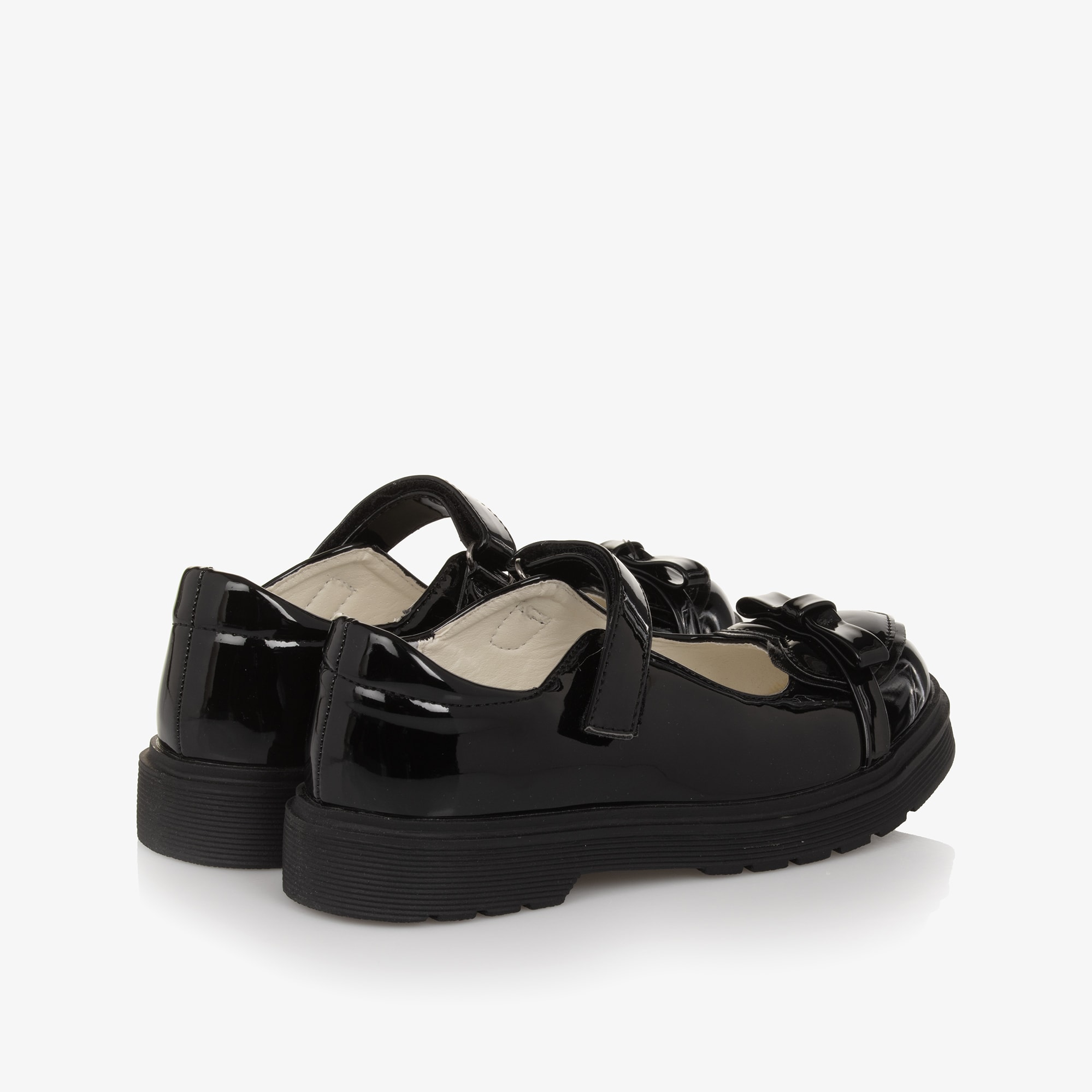 Girls Black Faux Patent Leather Bar Shoes with Heart - View 3
