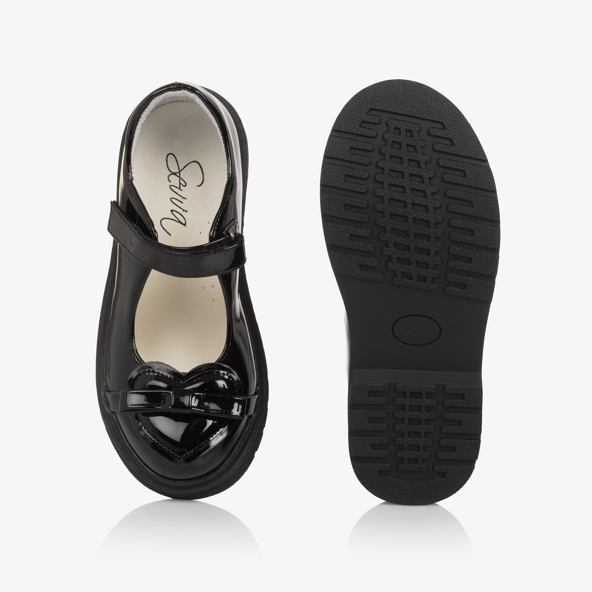 Girls Black Faux Patent Leather Bar Shoes with Heart - View 4