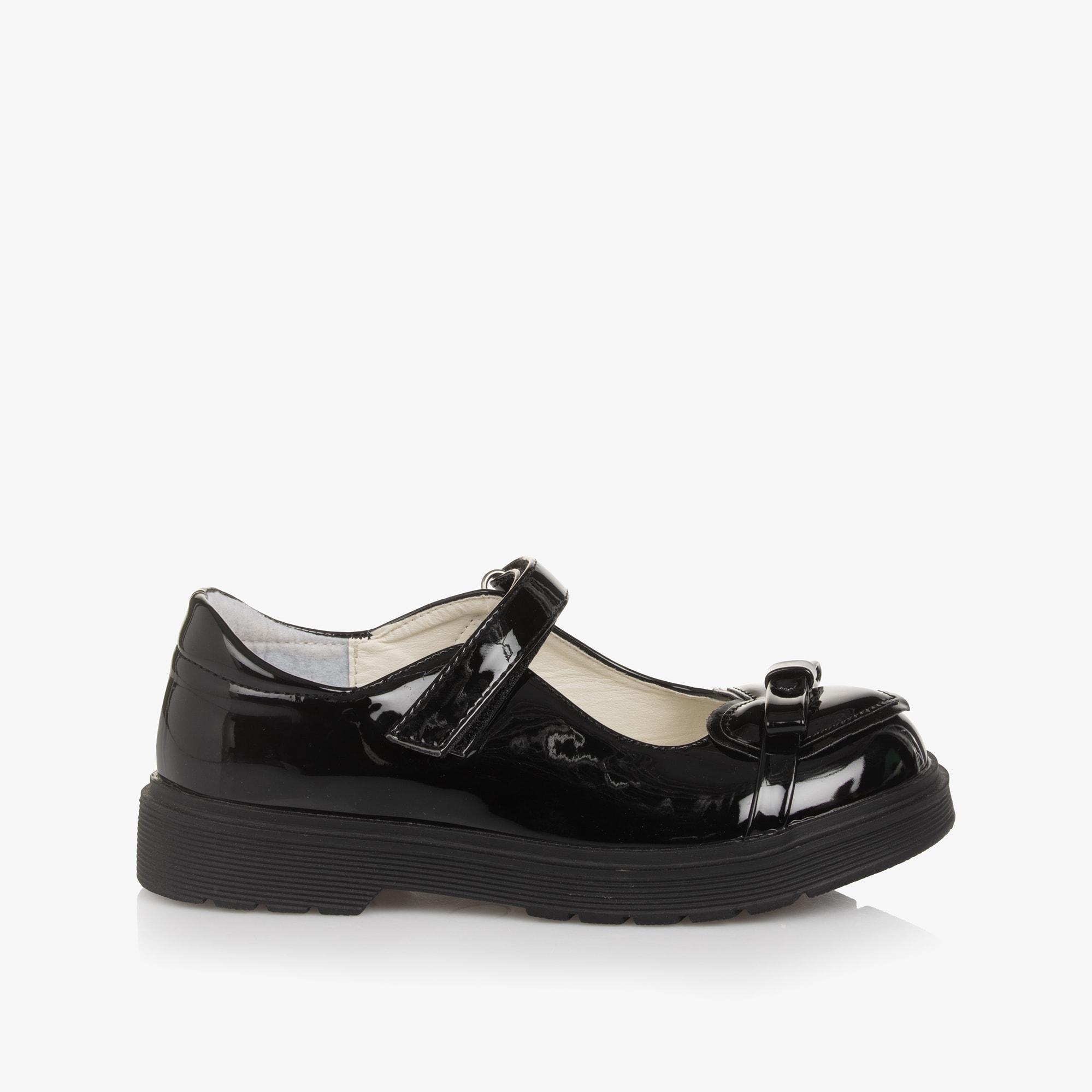 Girls Black Faux Patent Leather Bar Shoes with Heart - View 5