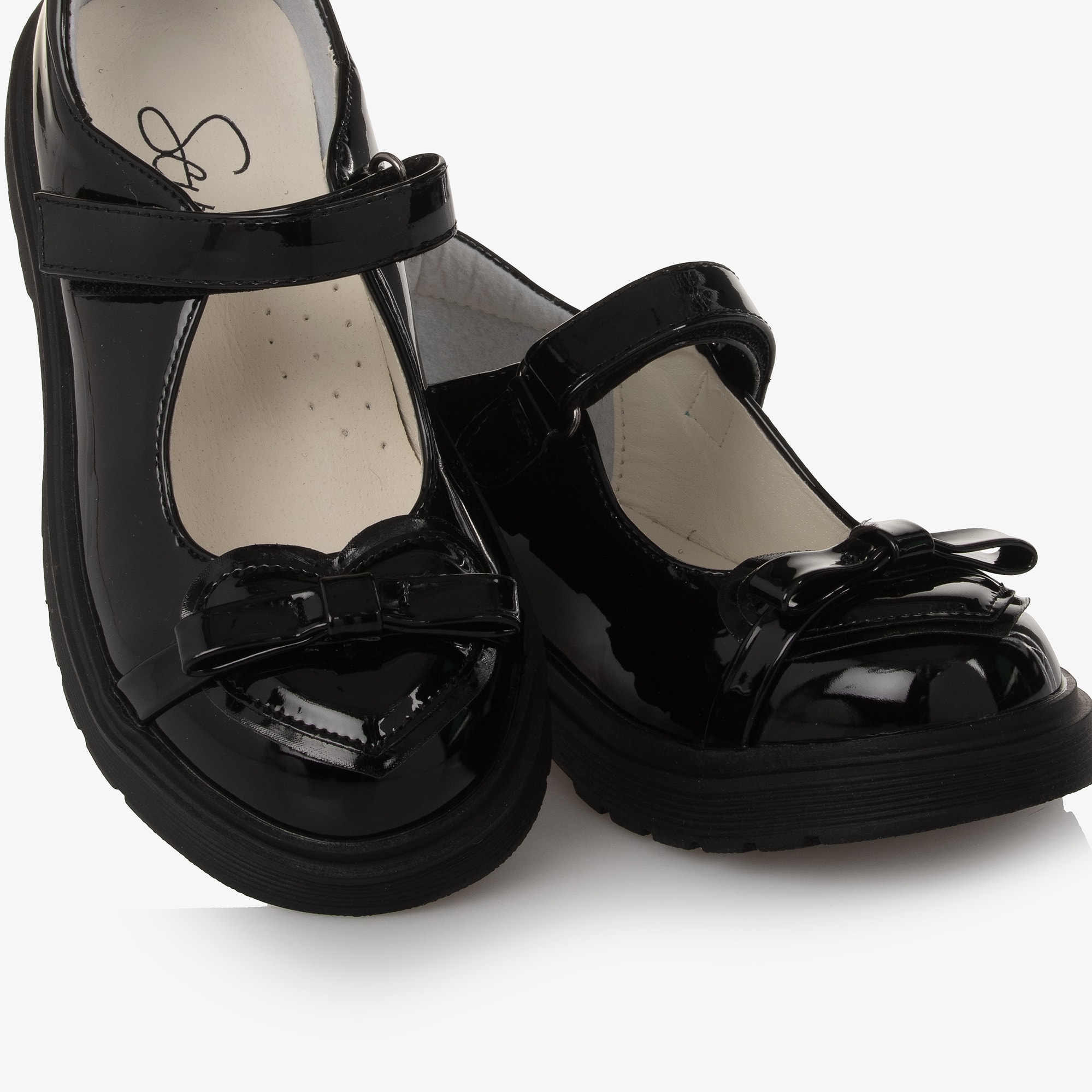 Girls Black Faux Patent Leather Bar Shoes with Heart - View 6
