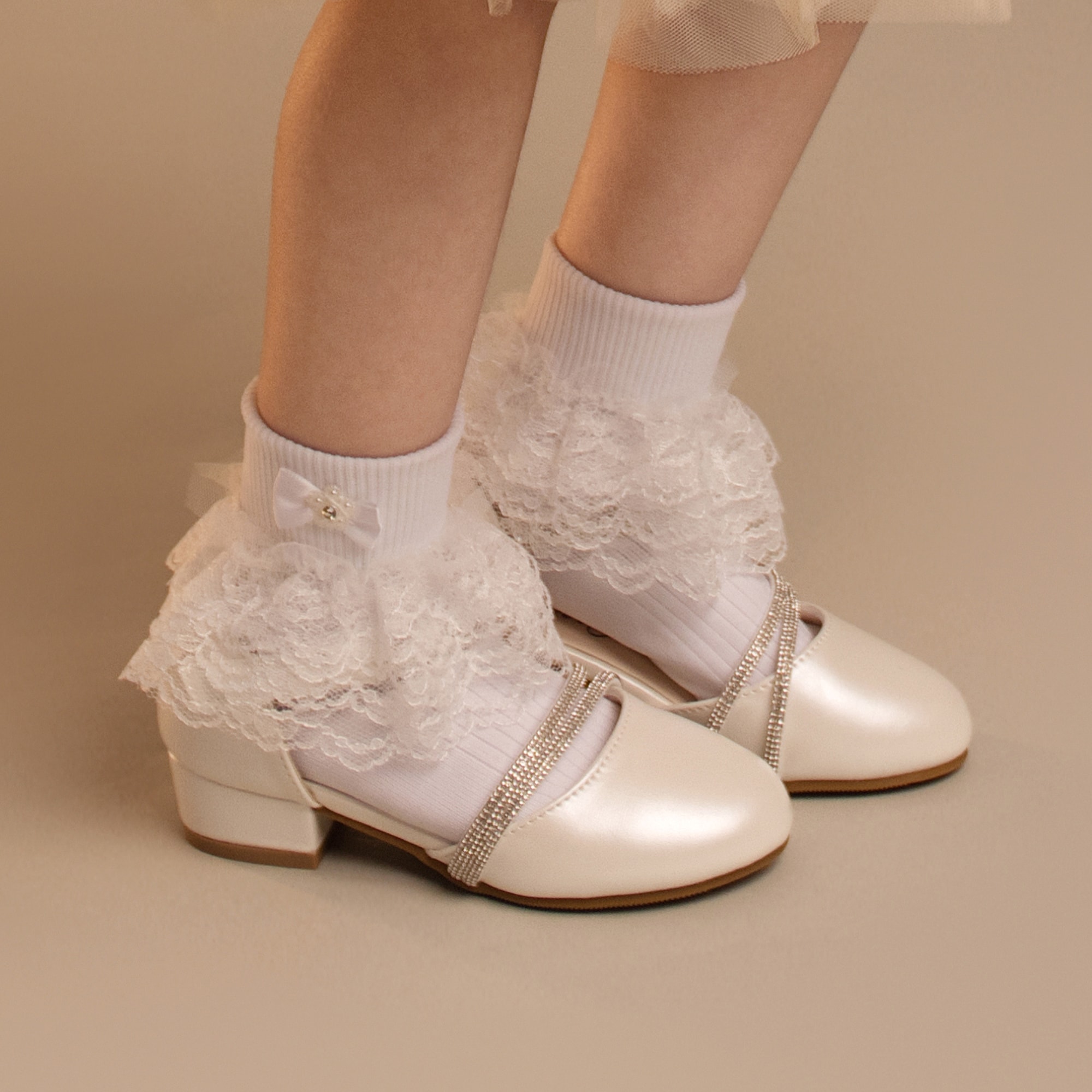 Girls Ivory Faux Leather & Diamanté Shoes - View 2