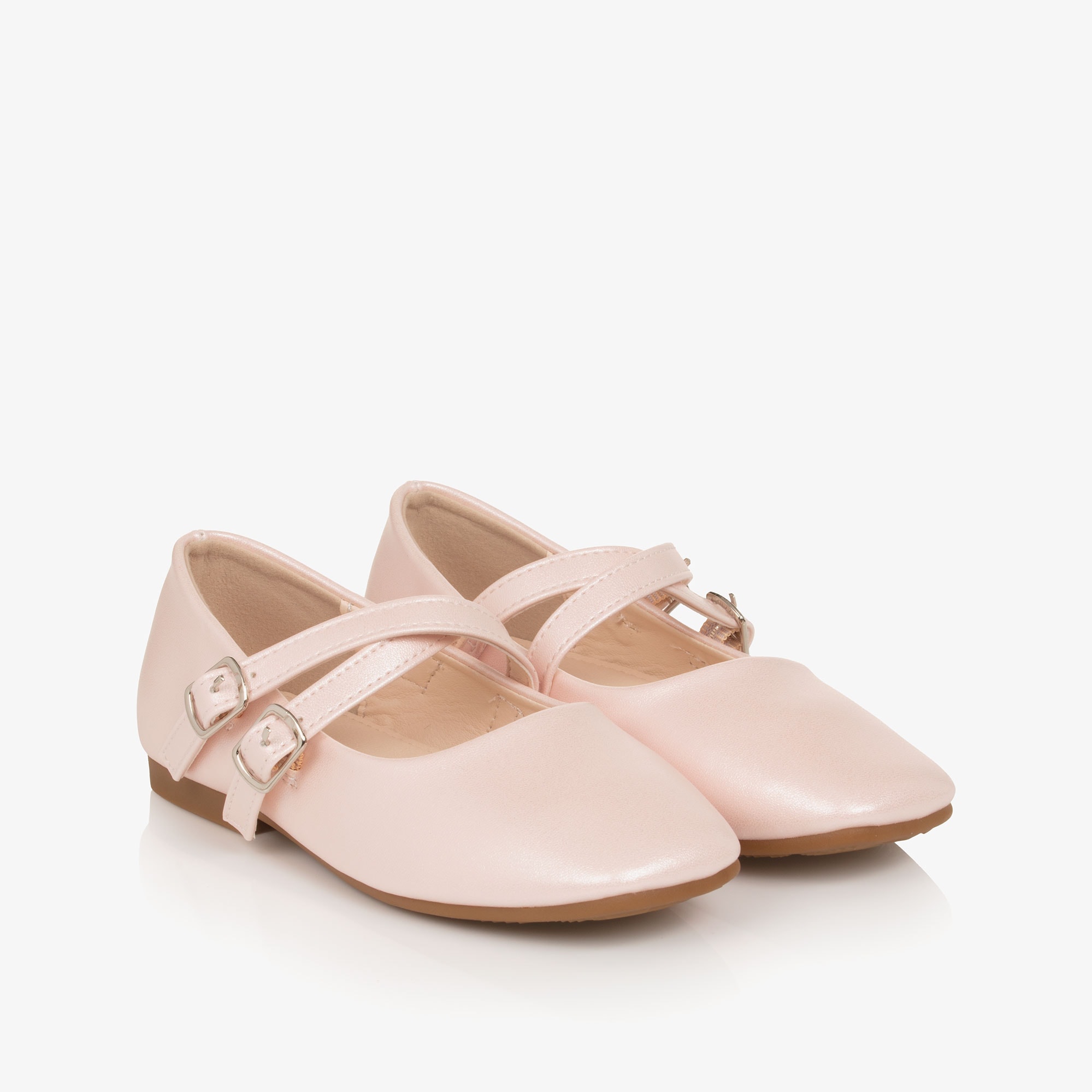 Girls White Faux Leather Double Strap Ballerina Flats - View 1