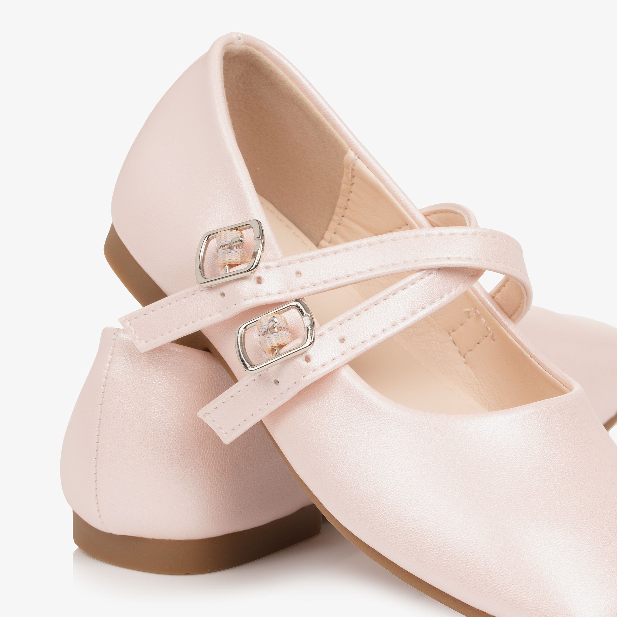 Girls White Faux Leather Double Strap Ballerina Flats - View 5