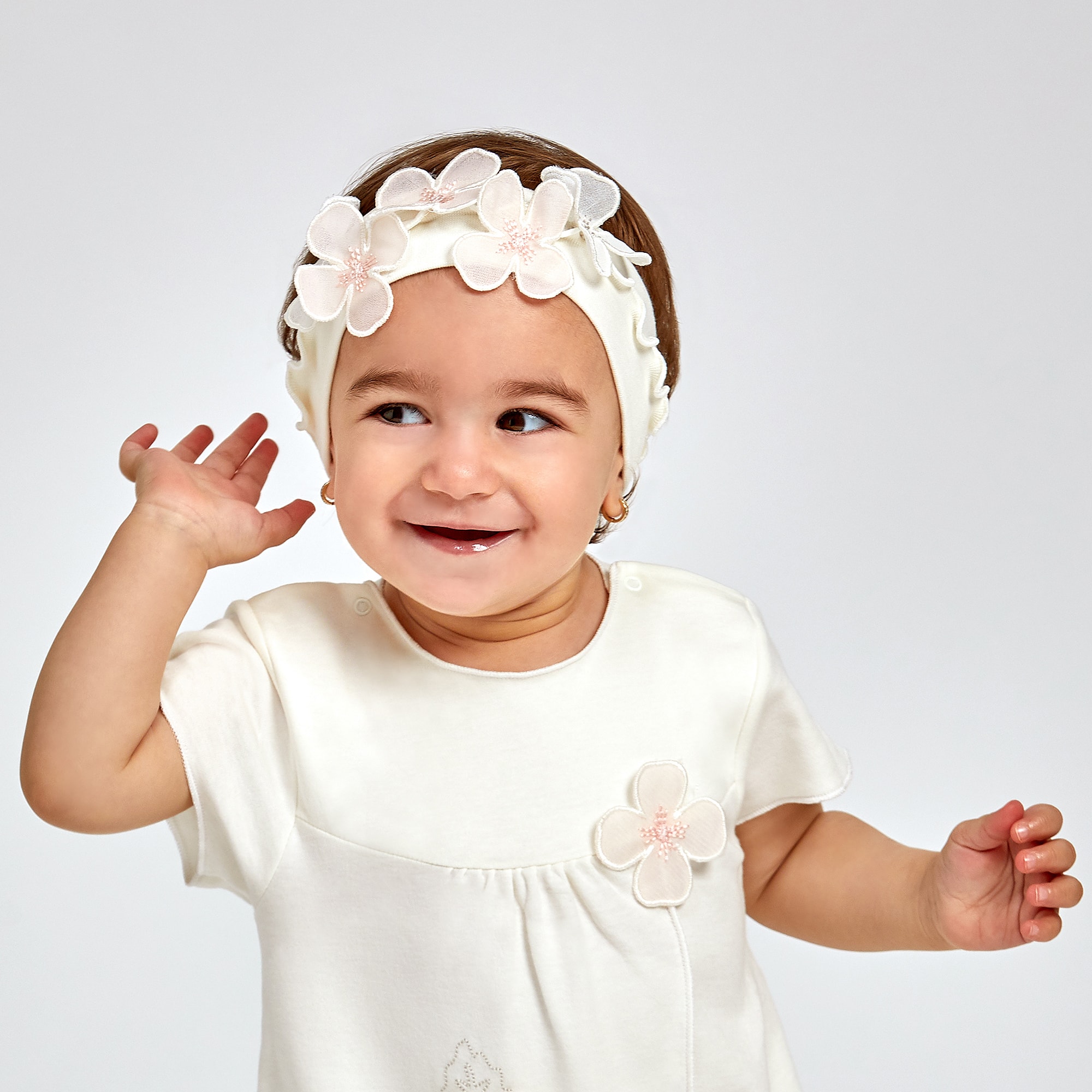 Baby Girls Ivory Headband with Organza Flowers - View 2