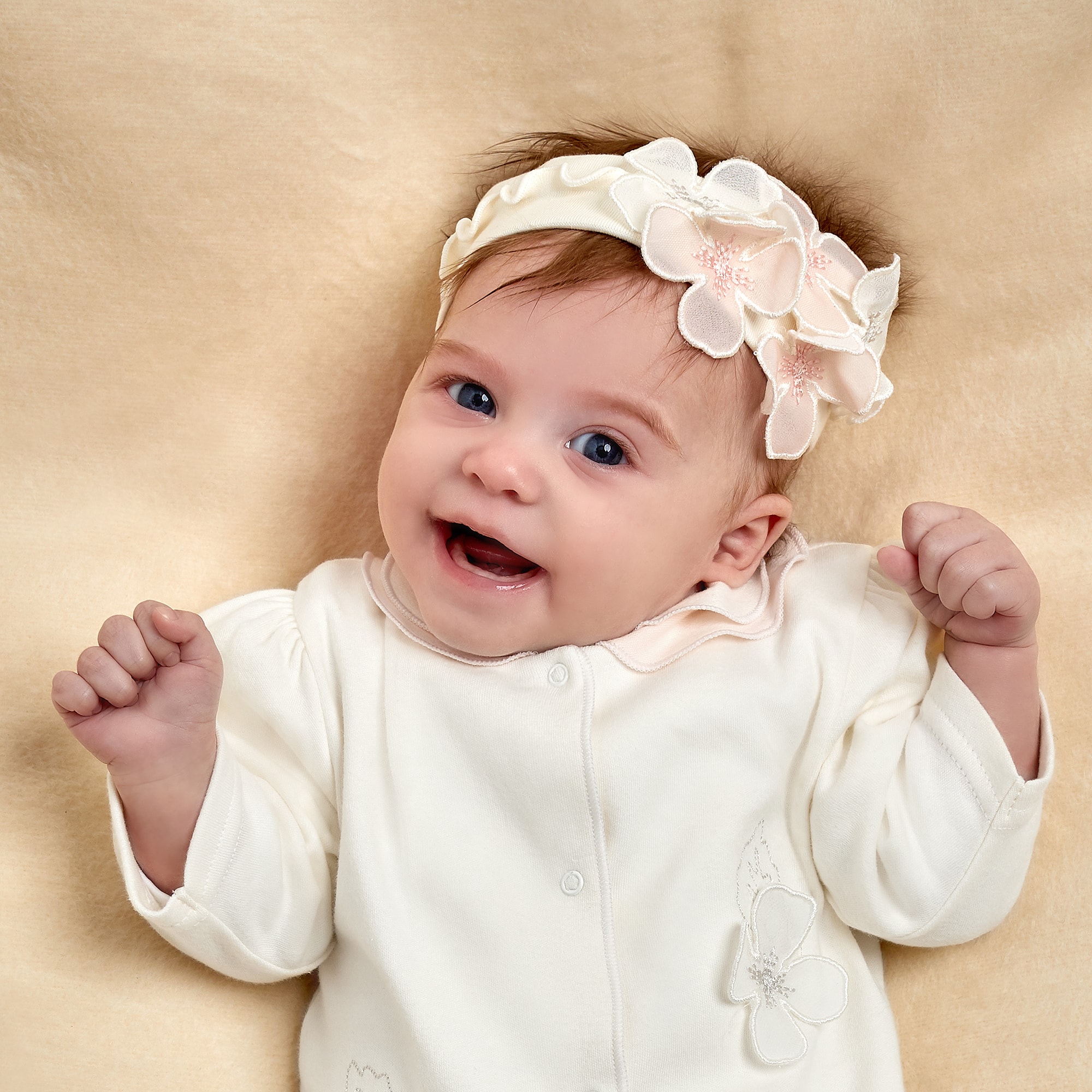 Baby Girls Ivory Headband with Organza Flowers - View 4