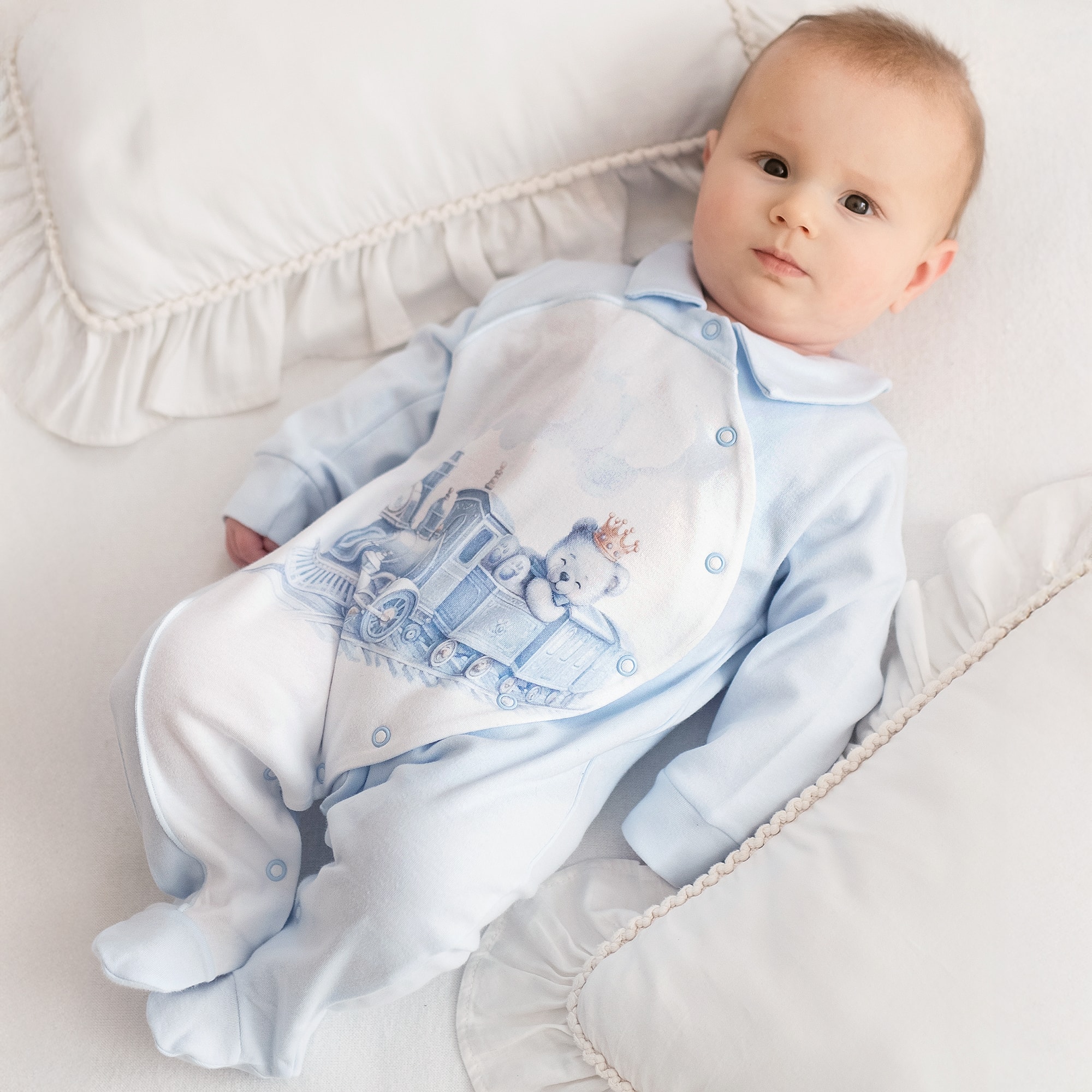 Boys White & Blue Cotton Teddy Print Babygrow Set - View 2