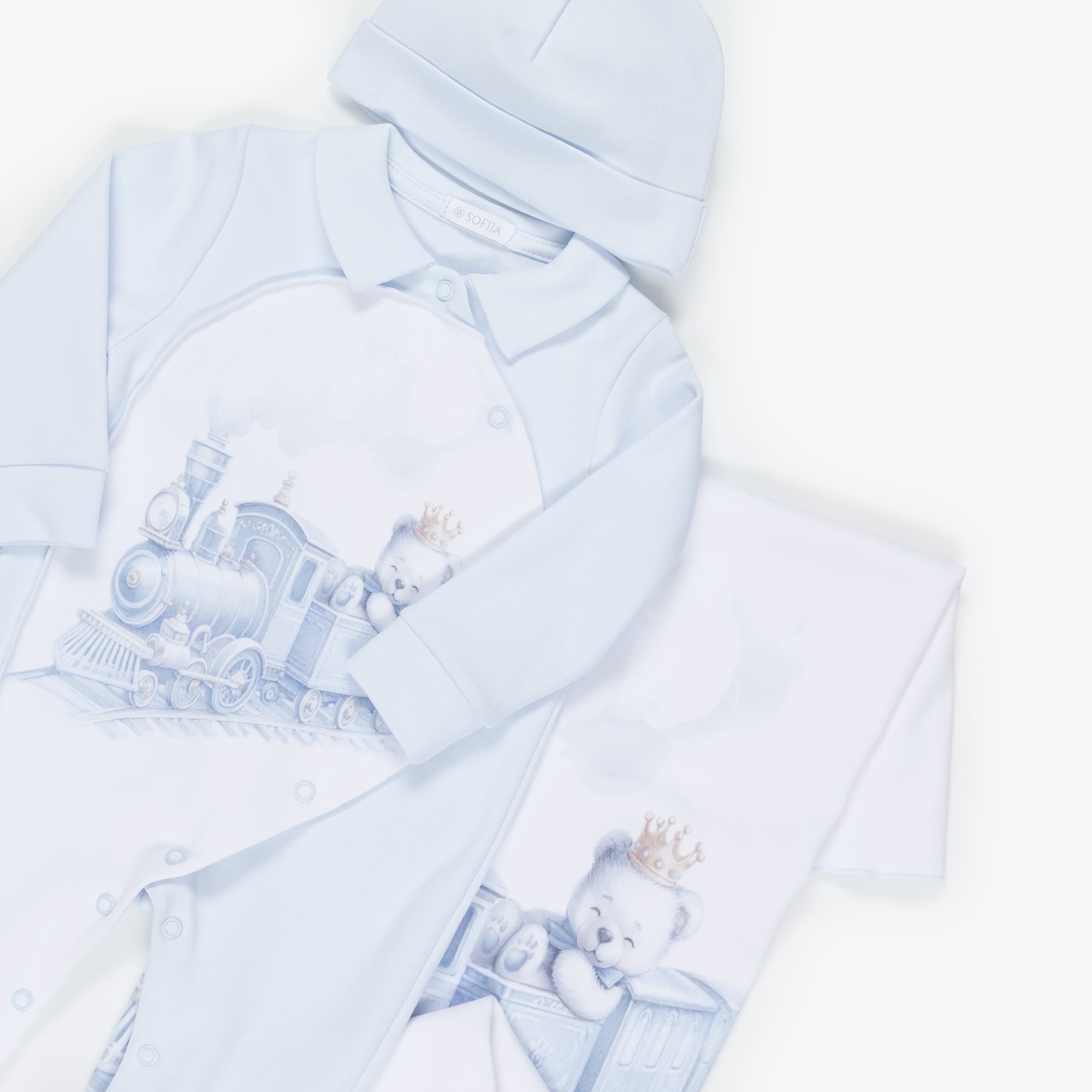 Boys White & Blue Cotton Teddy Print Babygrow Set - View 6