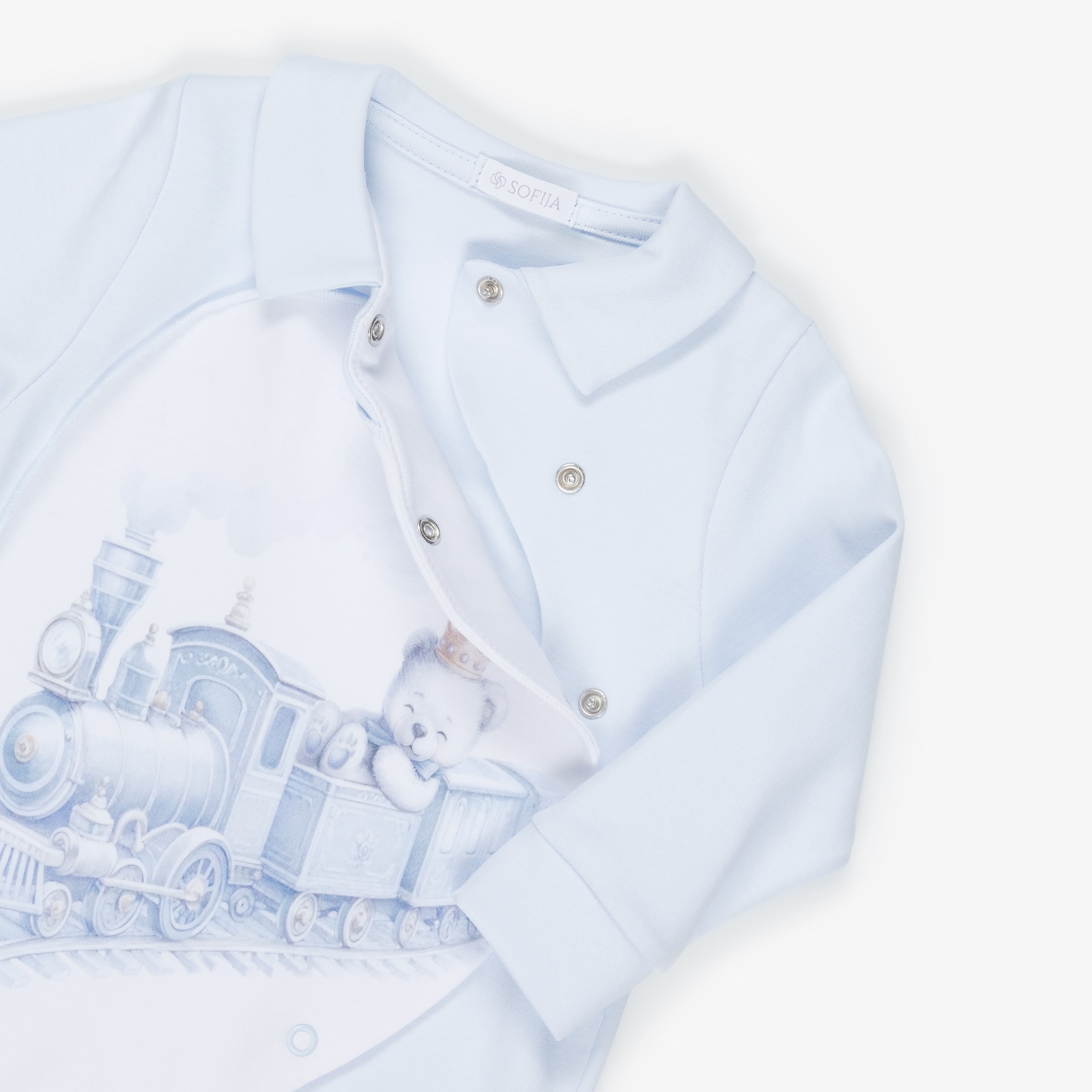 Boys White & Blue Cotton Teddy Print Babygrow Set - View 7