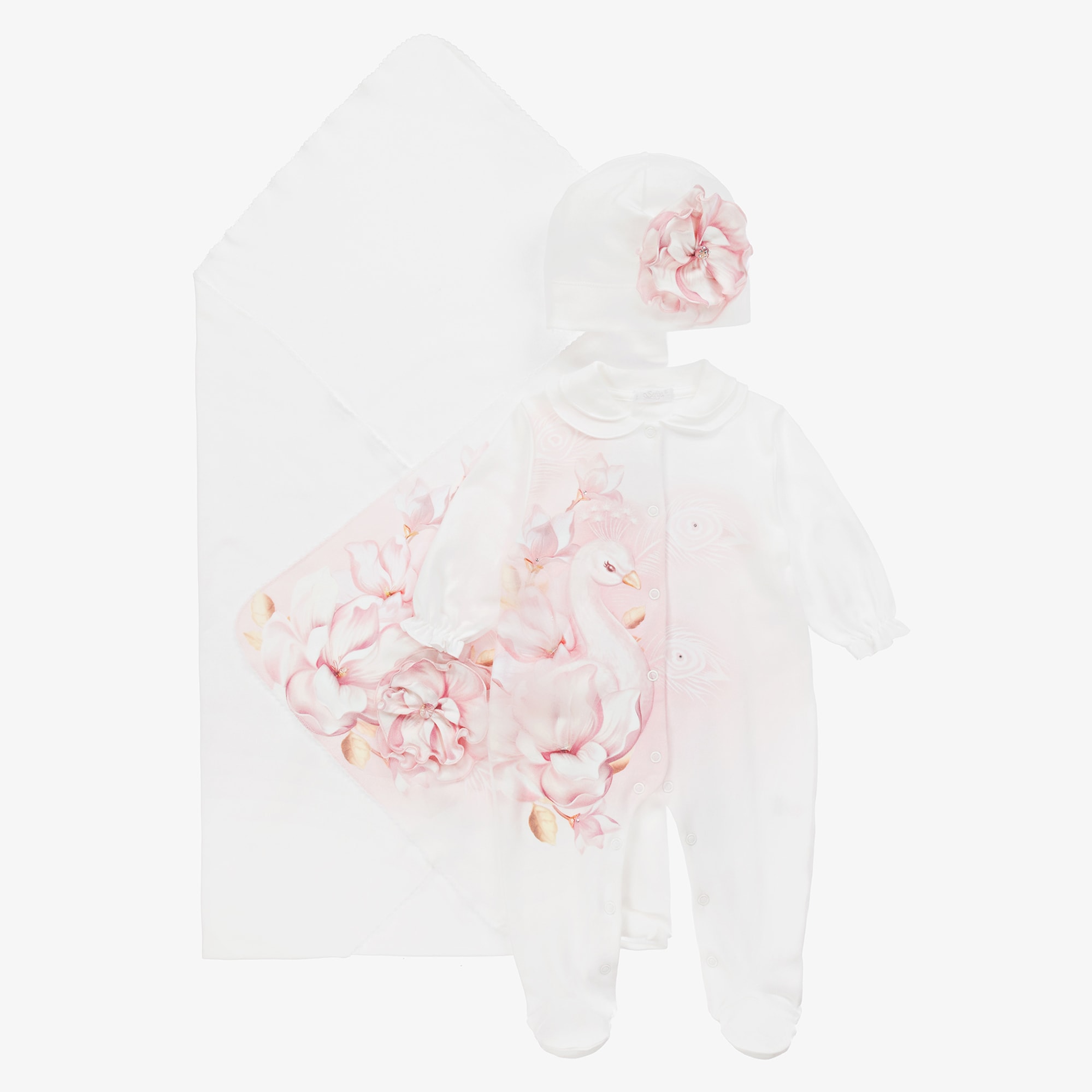 Girls Ivory Cotton Peacock Babysuit Set - View 1