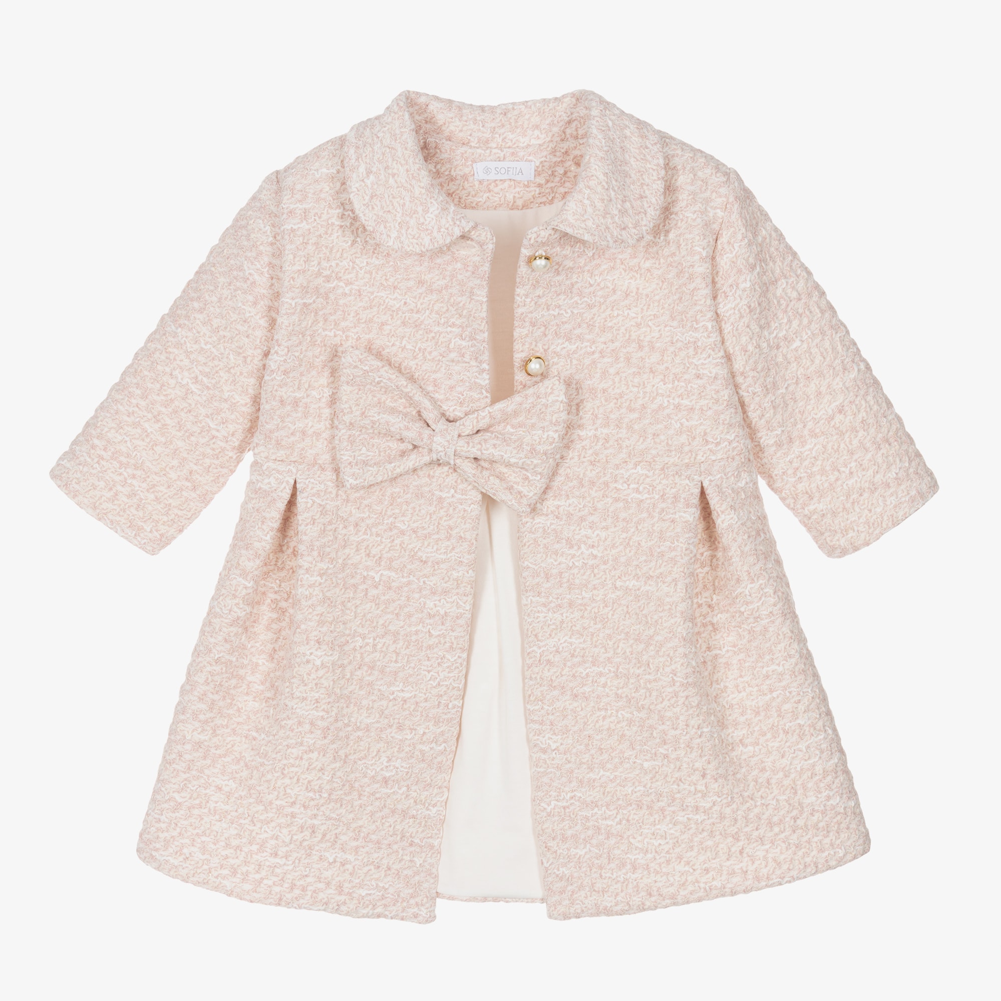 Girls Pink Cotton Tweed Coat - View 4