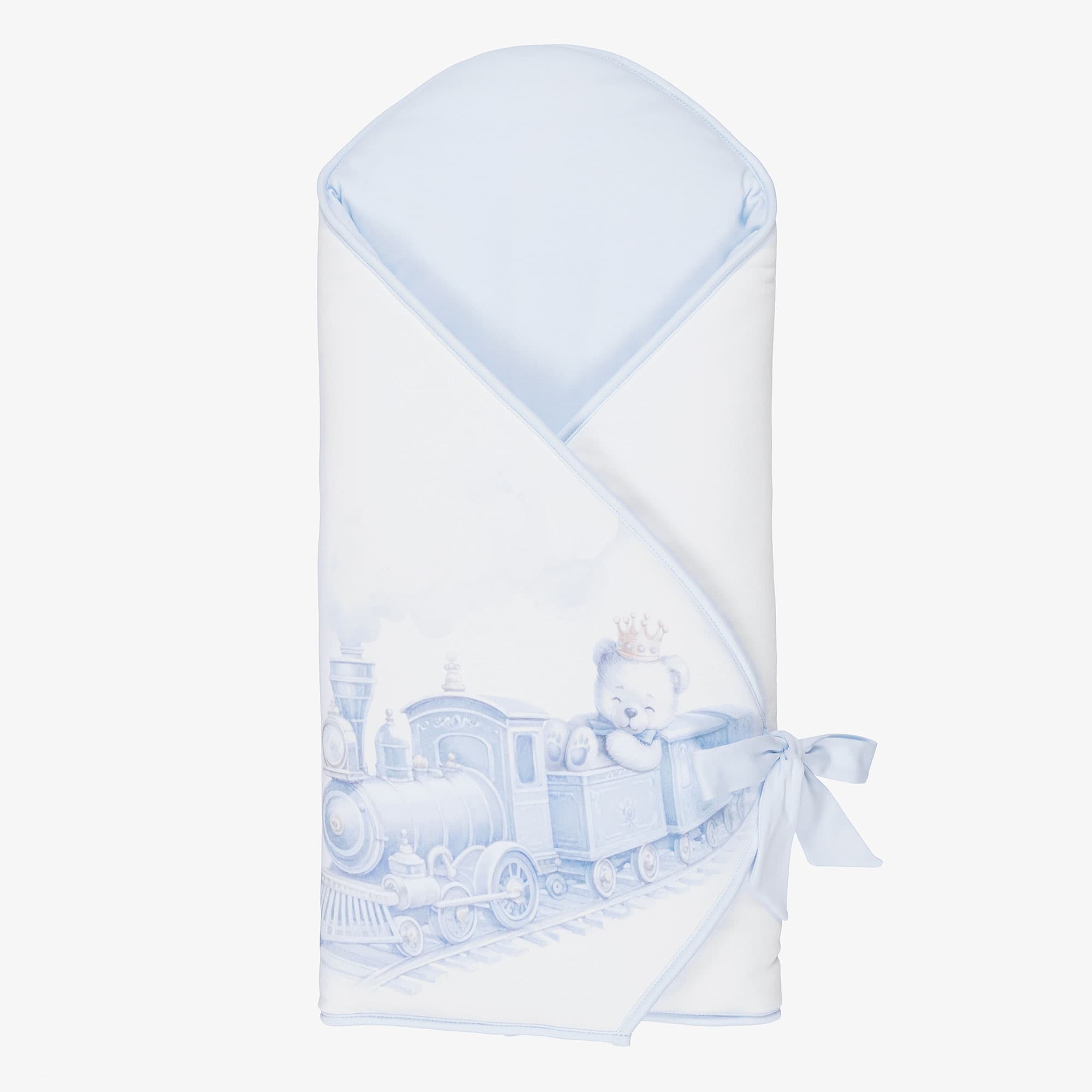 White & Blue Cotton Teddy & Train Print Nest (64cm)