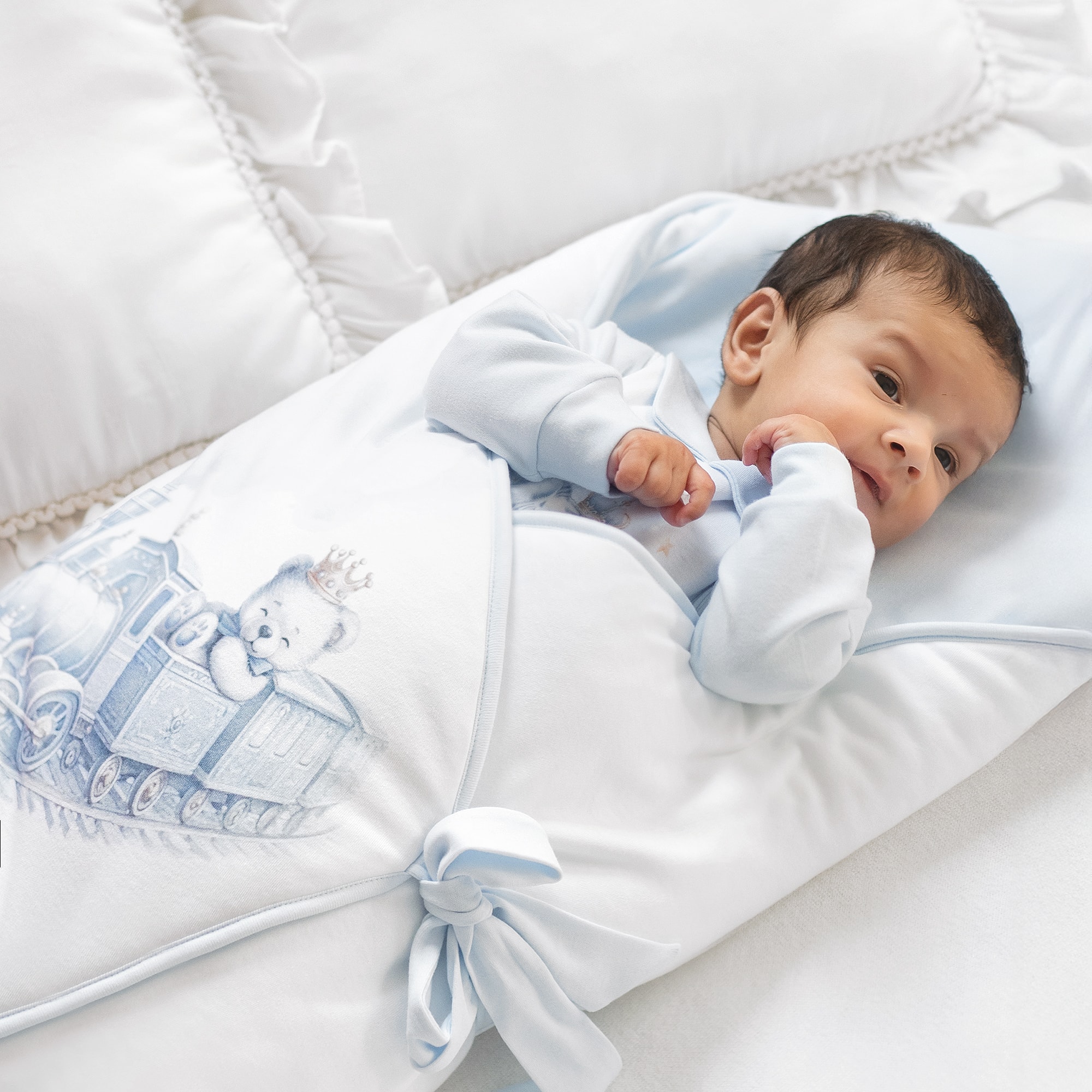 White & Blue Cotton Teddy & Train Print Nest (64cm) - View 2