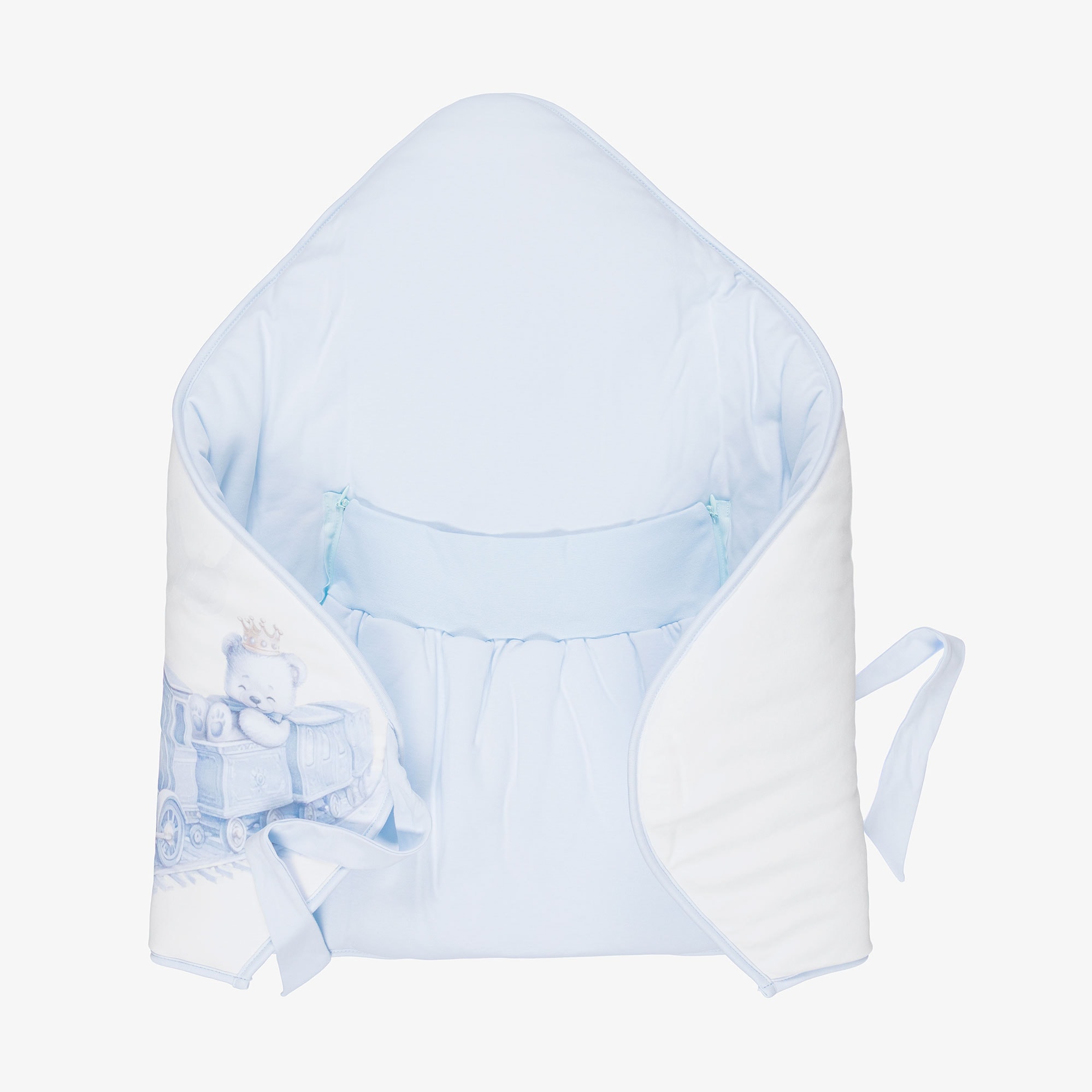 White & Blue Cotton Teddy & Train Print Nest (64cm) - View 3