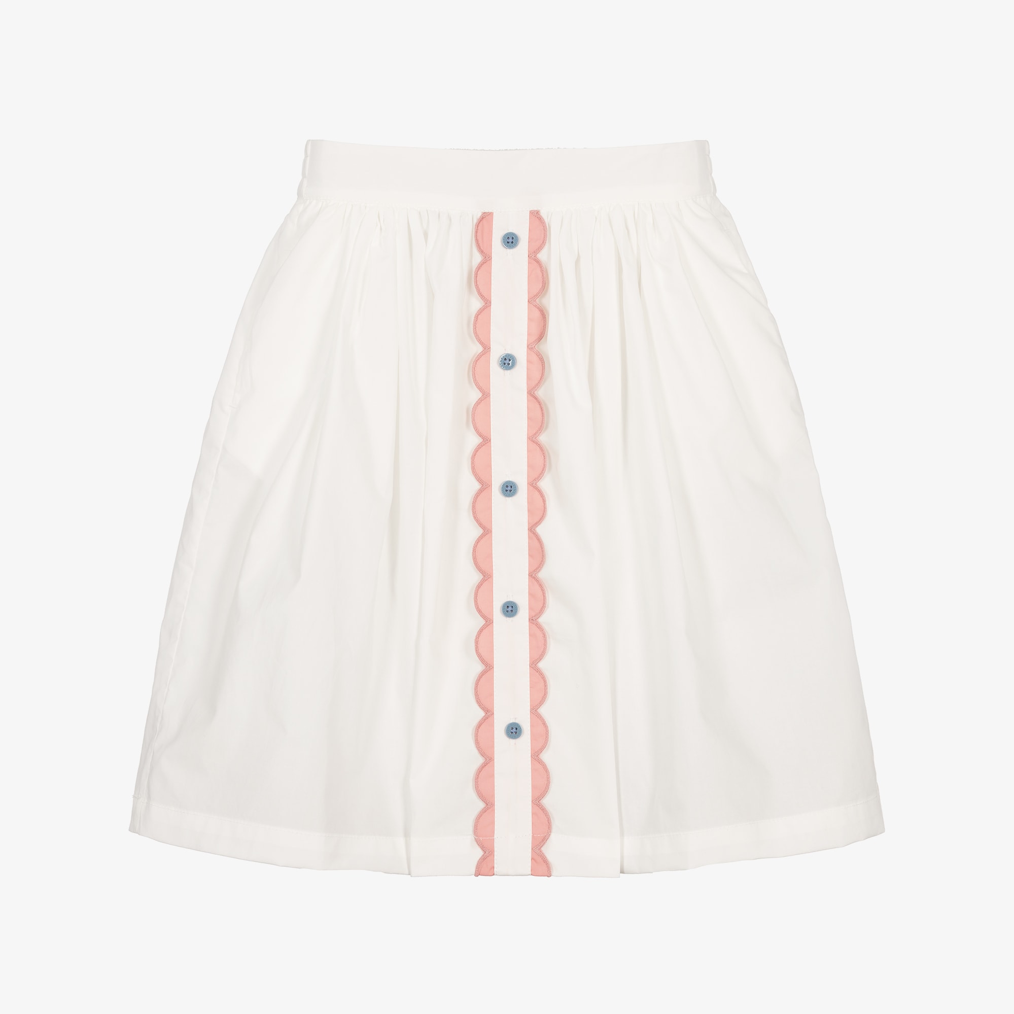 Girls White Cotton Skirt with Scalloped Trims - View 1
