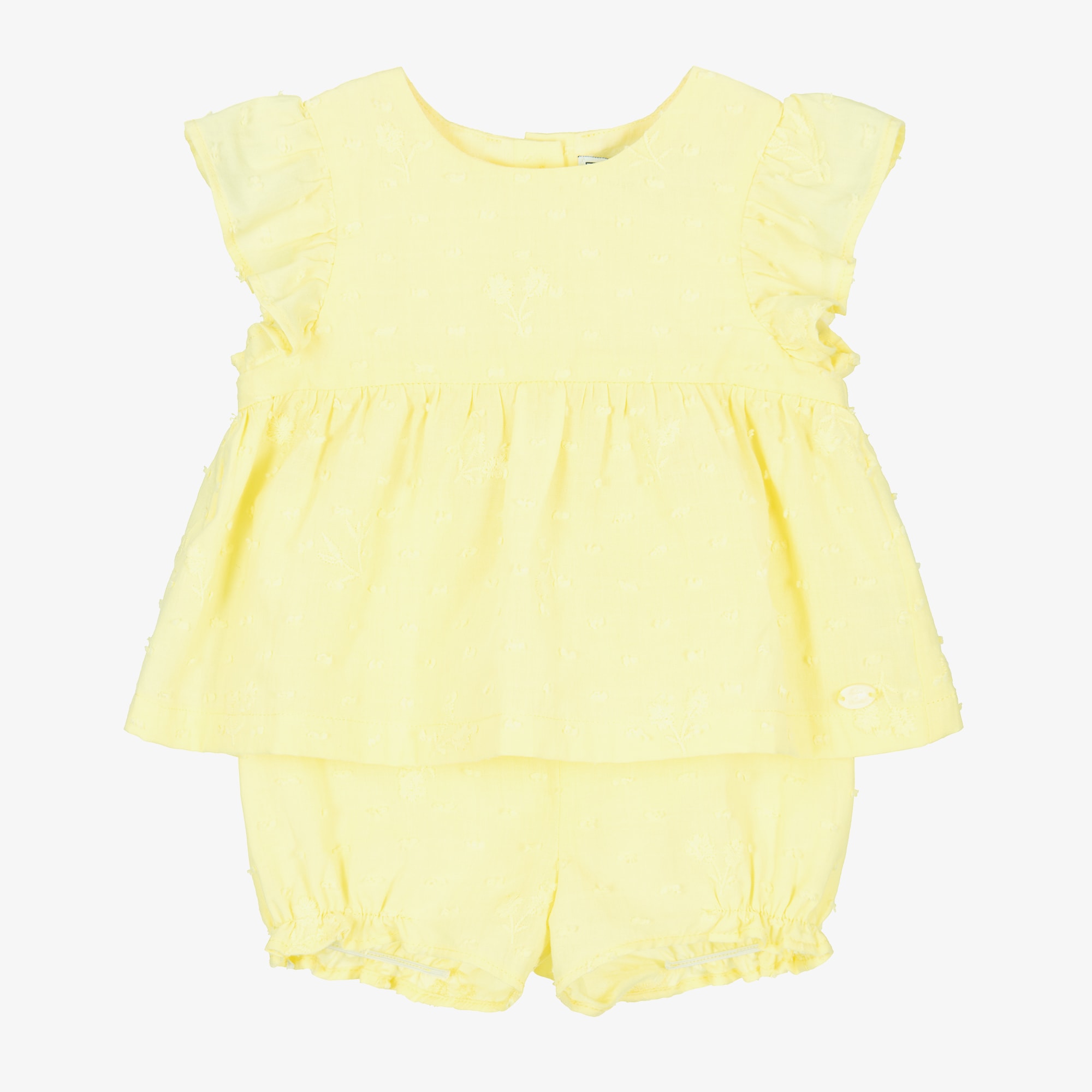 Baby Girls Embroidered Yellow Plumetis Cotton Shorts Set - View 1