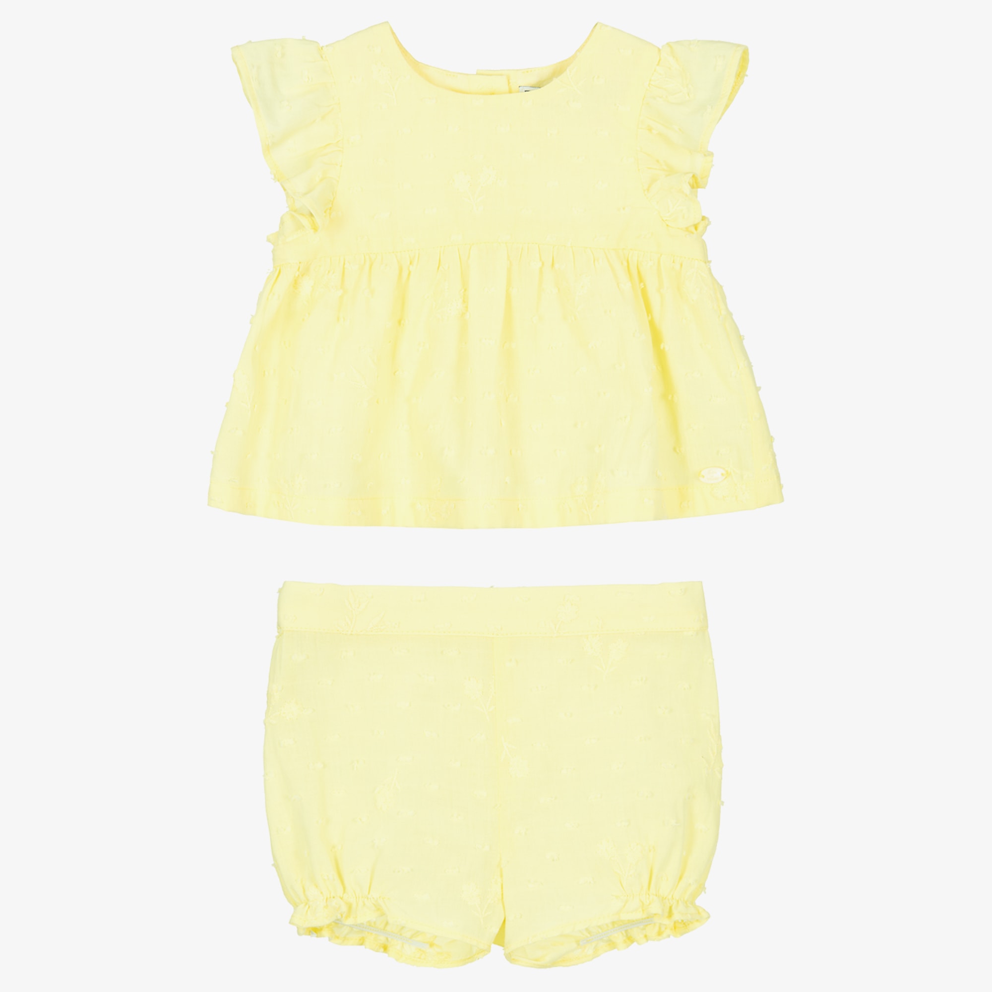 Baby Girls Embroidered Yellow Plumetis Cotton Shorts Set - View 2