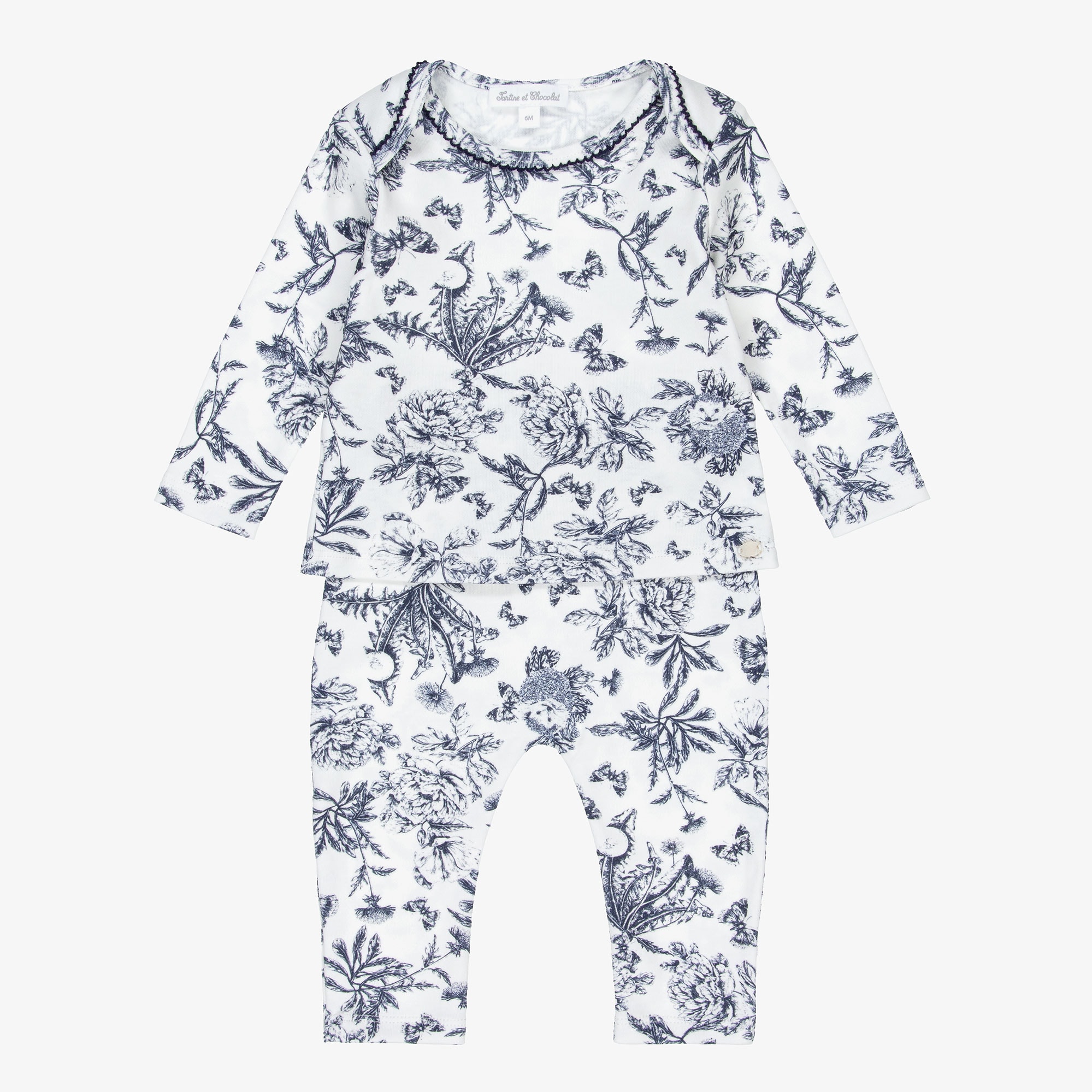Blue & White Toile De Jouy Cotton Baby Pyjamas - View 1