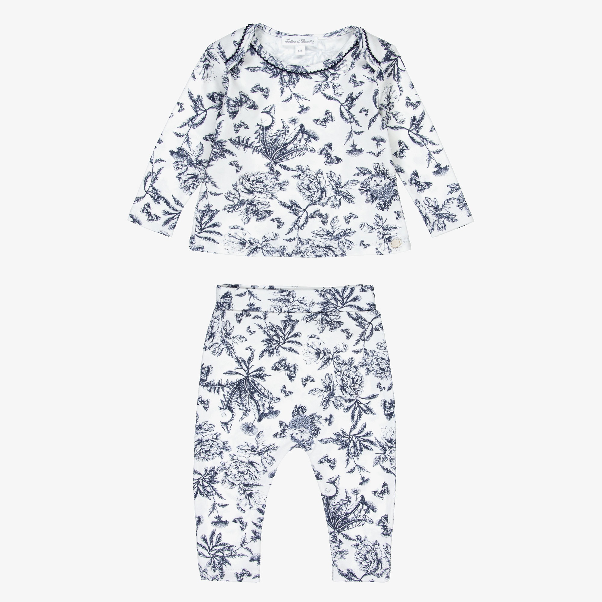 Blue & White Toile De Jouy Cotton Baby Pyjamas - View 2