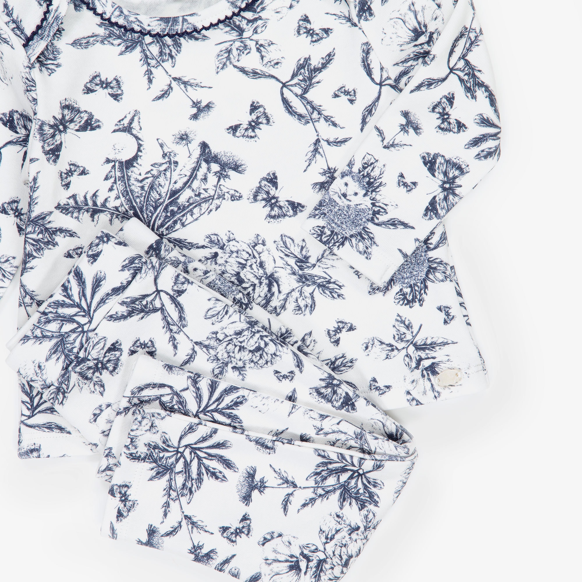 Blue & White Toile De Jouy Cotton Baby Pyjamas - View 4