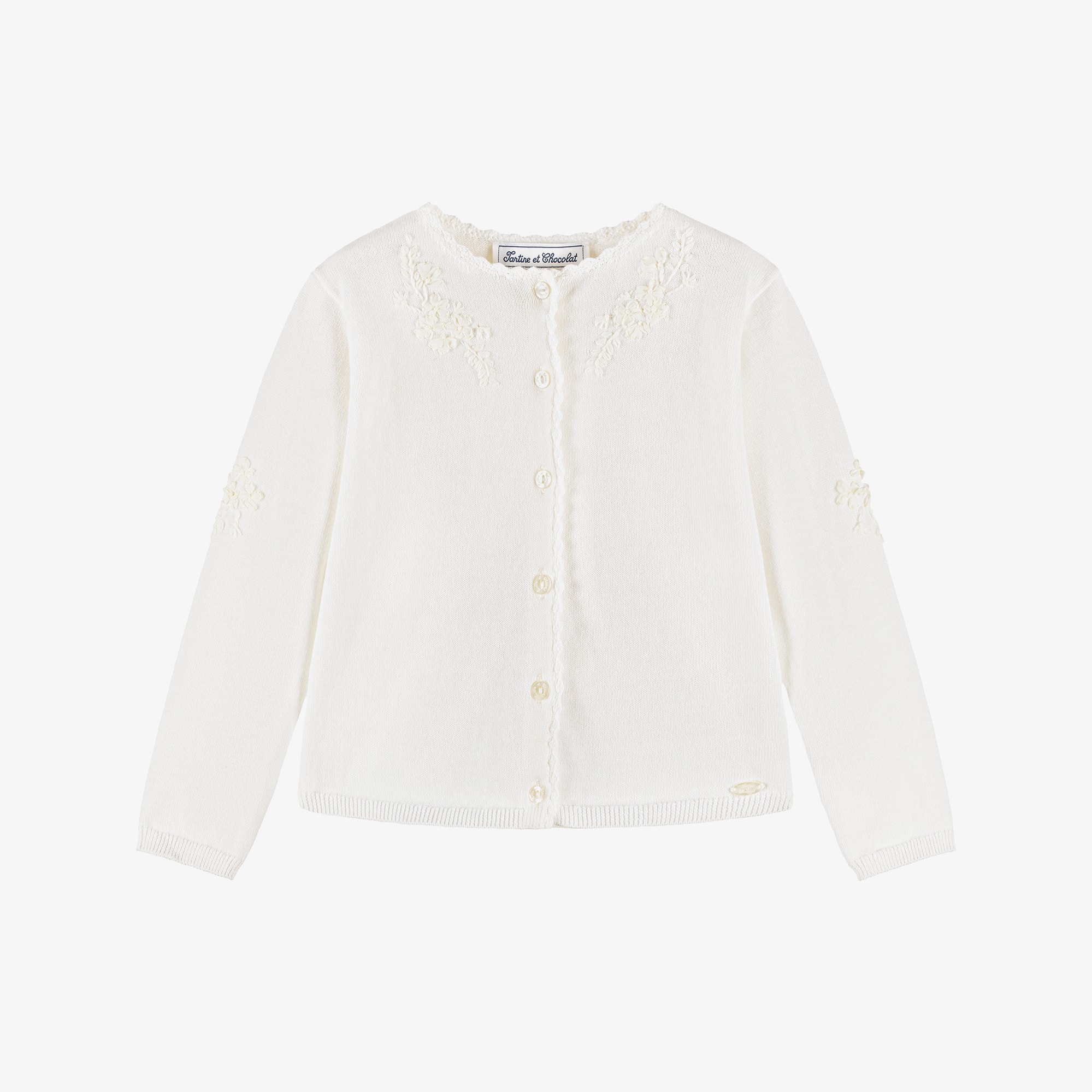 Girls Ivory Cotton Knit Cardigan with Floral Appliqués - View 1