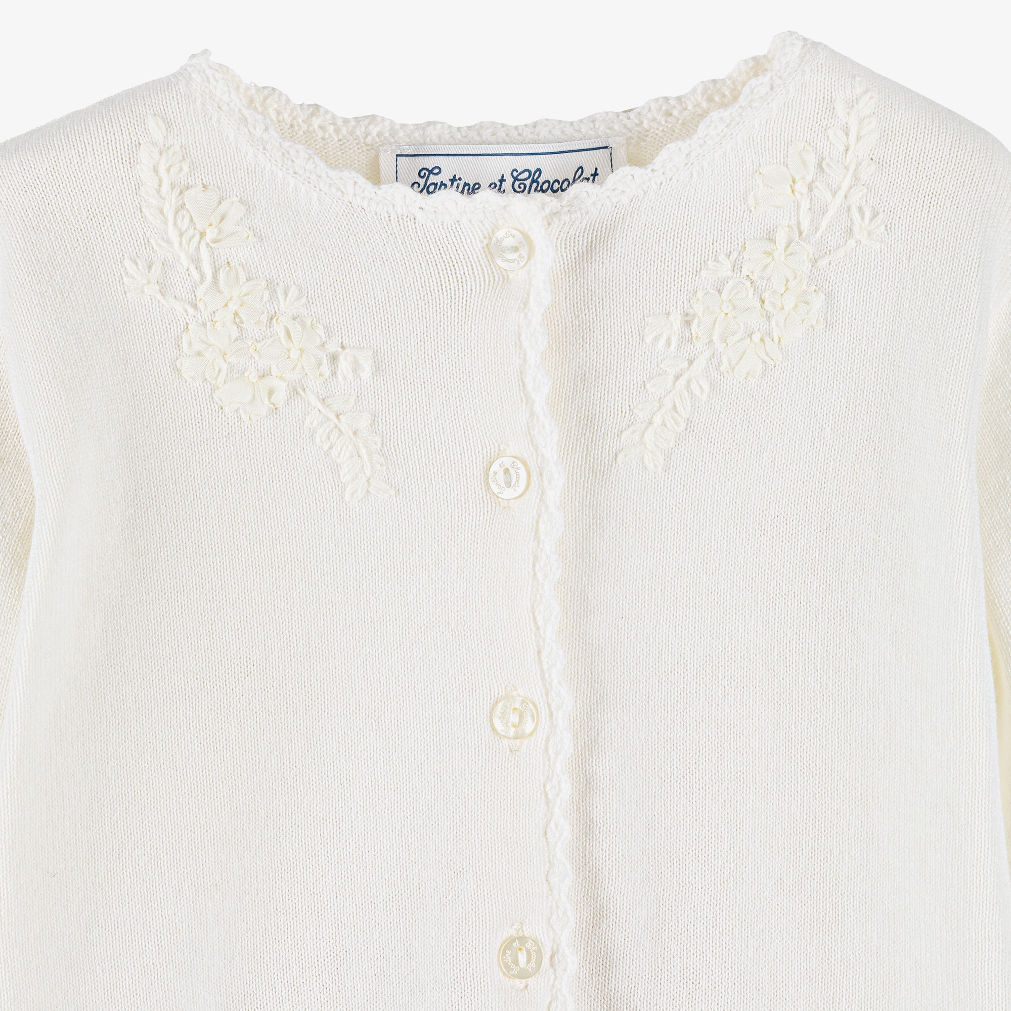 Girls Ivory Cotton Knit Cardigan with Floral Appliqués - View 3