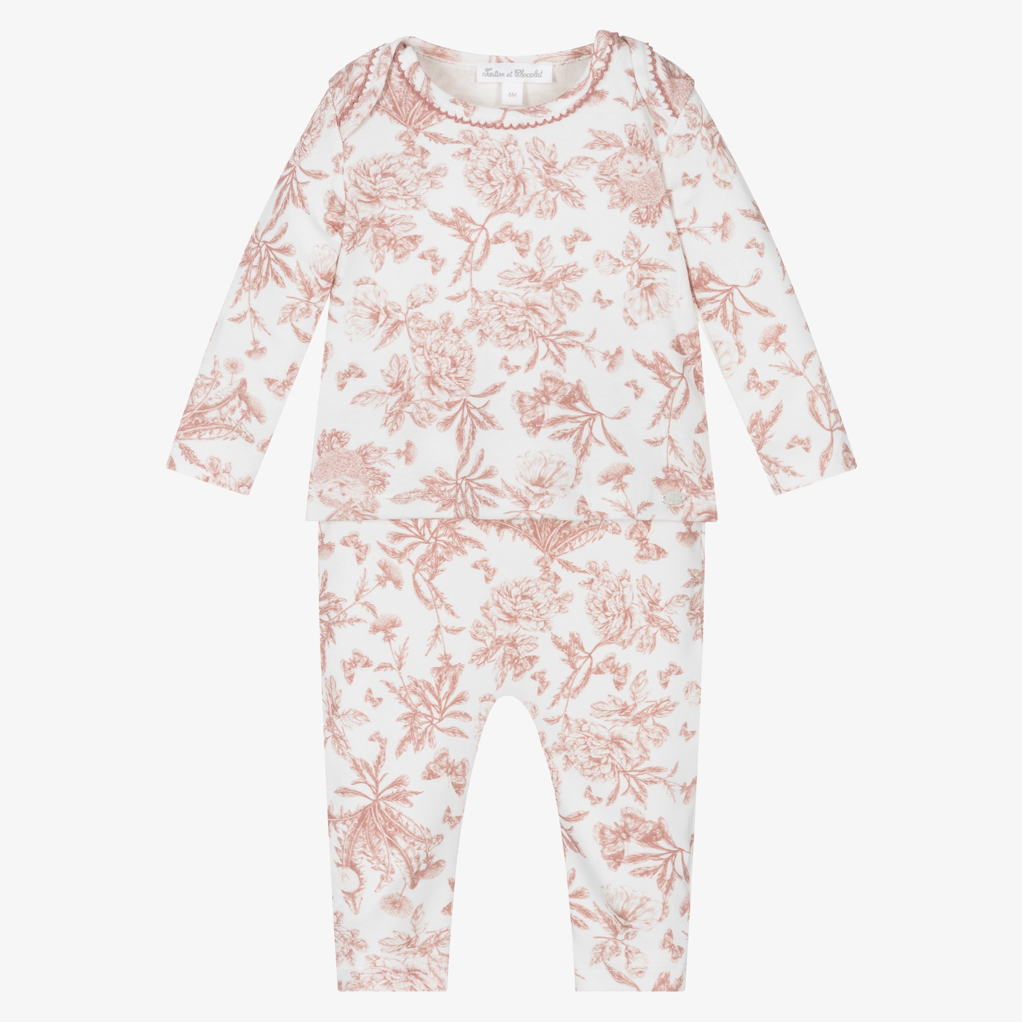 Ivory & Pink Toile Du Jouy Cotton Baby Pyjamas - View 1