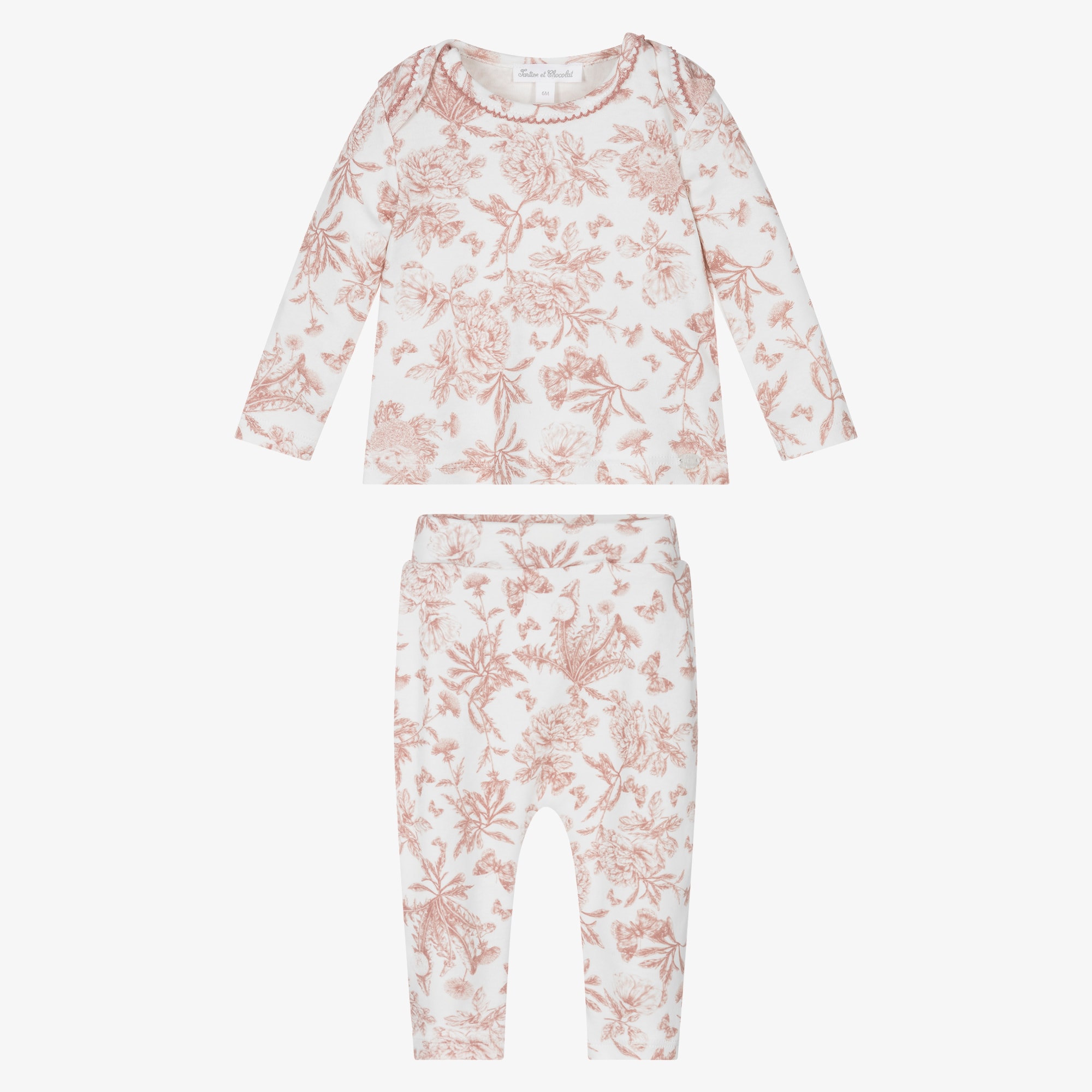 Ivory & Pink Toile Du Jouy Cotton Baby Pyjamas - View 2