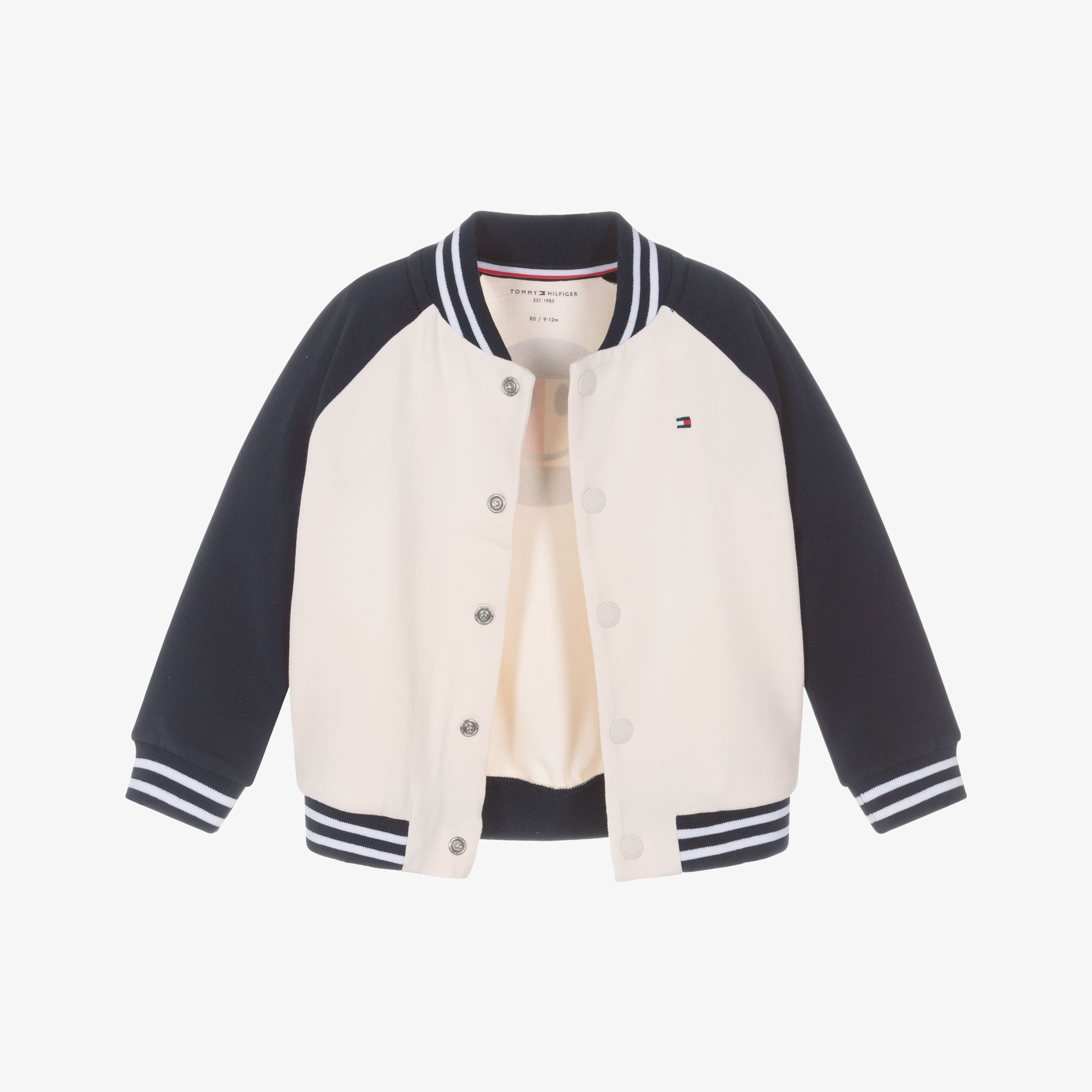 Baby Boys Ivory & Navy Blue Cotton Jersey Bomber Jacket - View 3