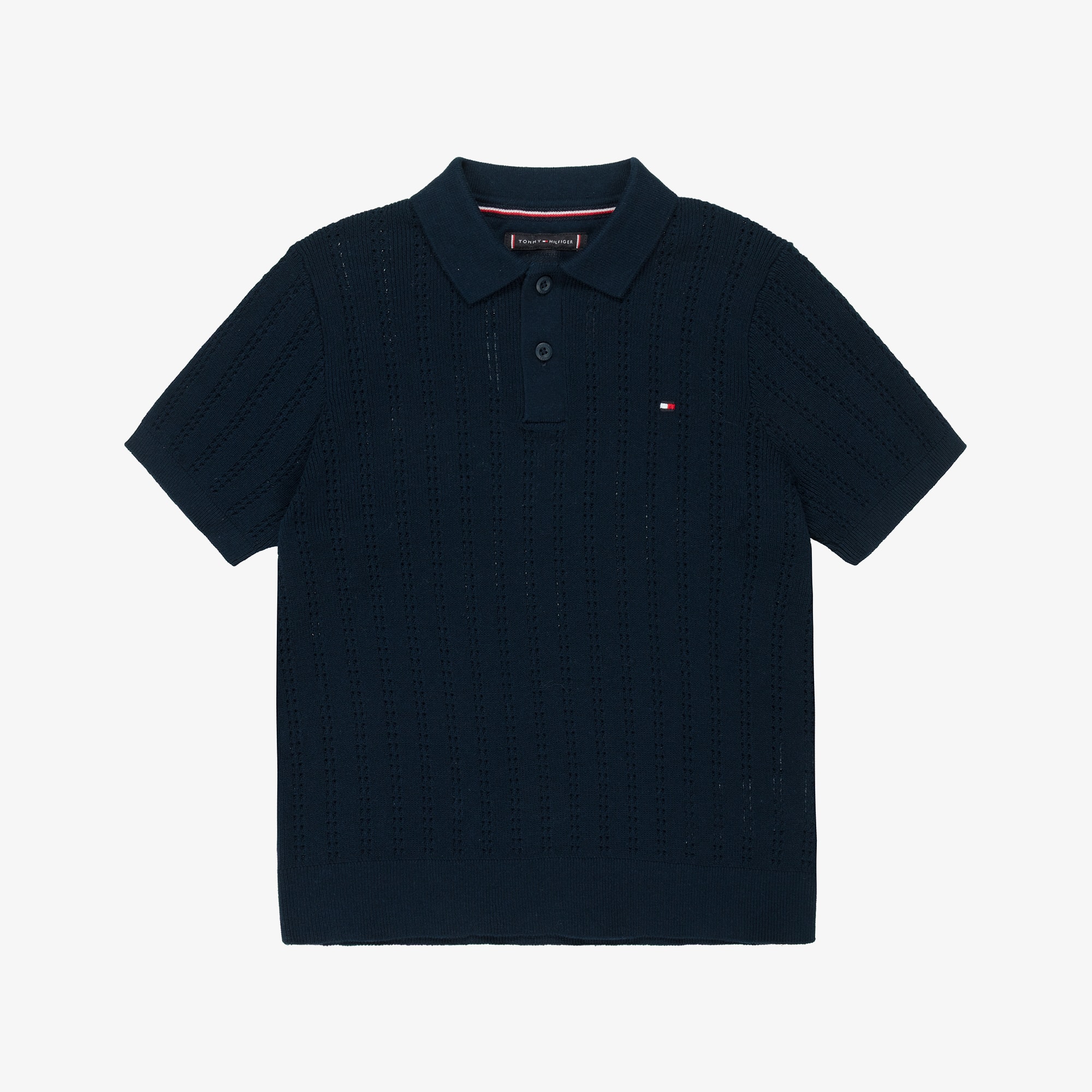 Boys Navy Blue Pointelle Stripe Cotton Knit Polo Shirt - View 1