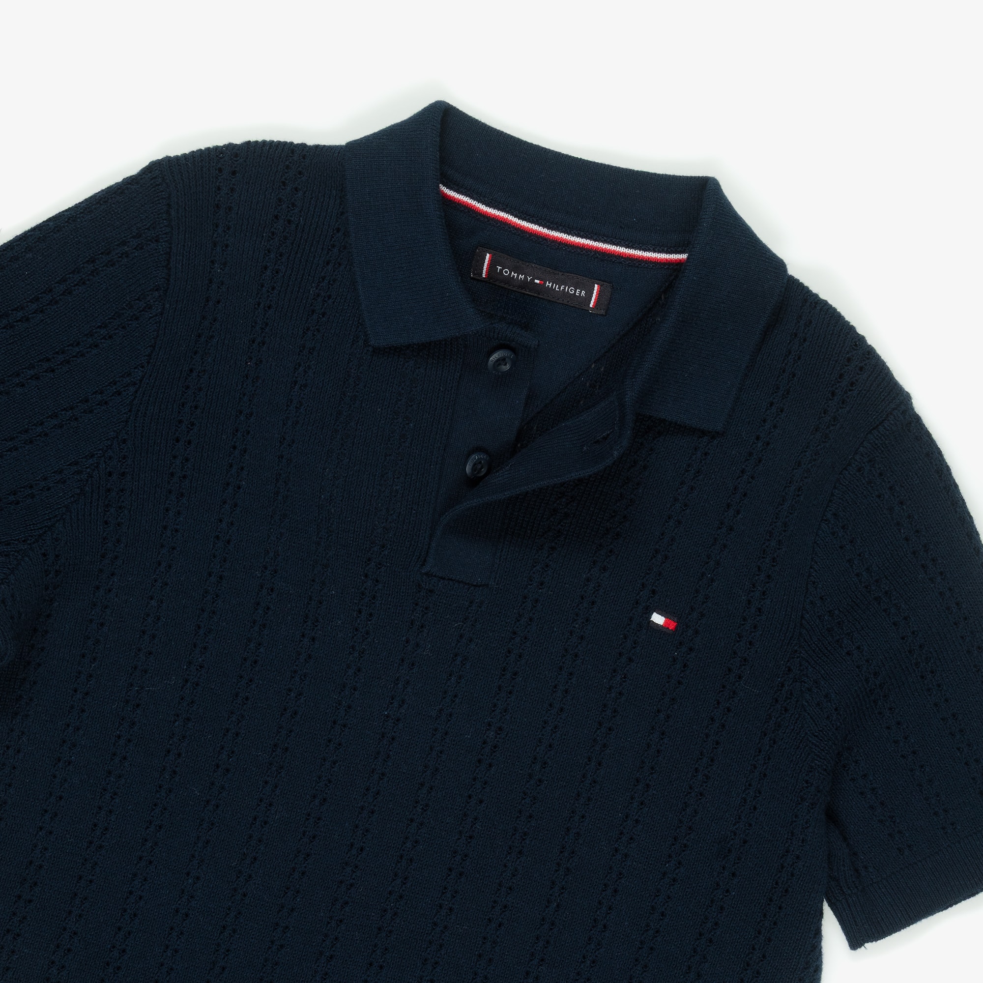 Boys Navy Blue Pointelle Stripe Cotton Knit Polo Shirt - View 3