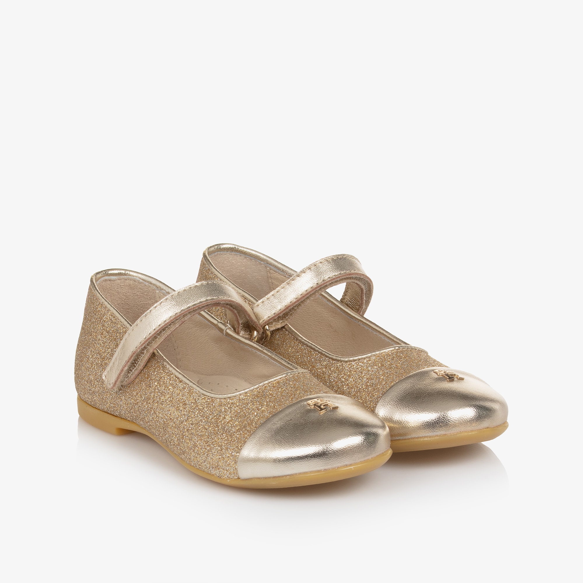 Girls Glittery Gold Leather Shoes - View 1