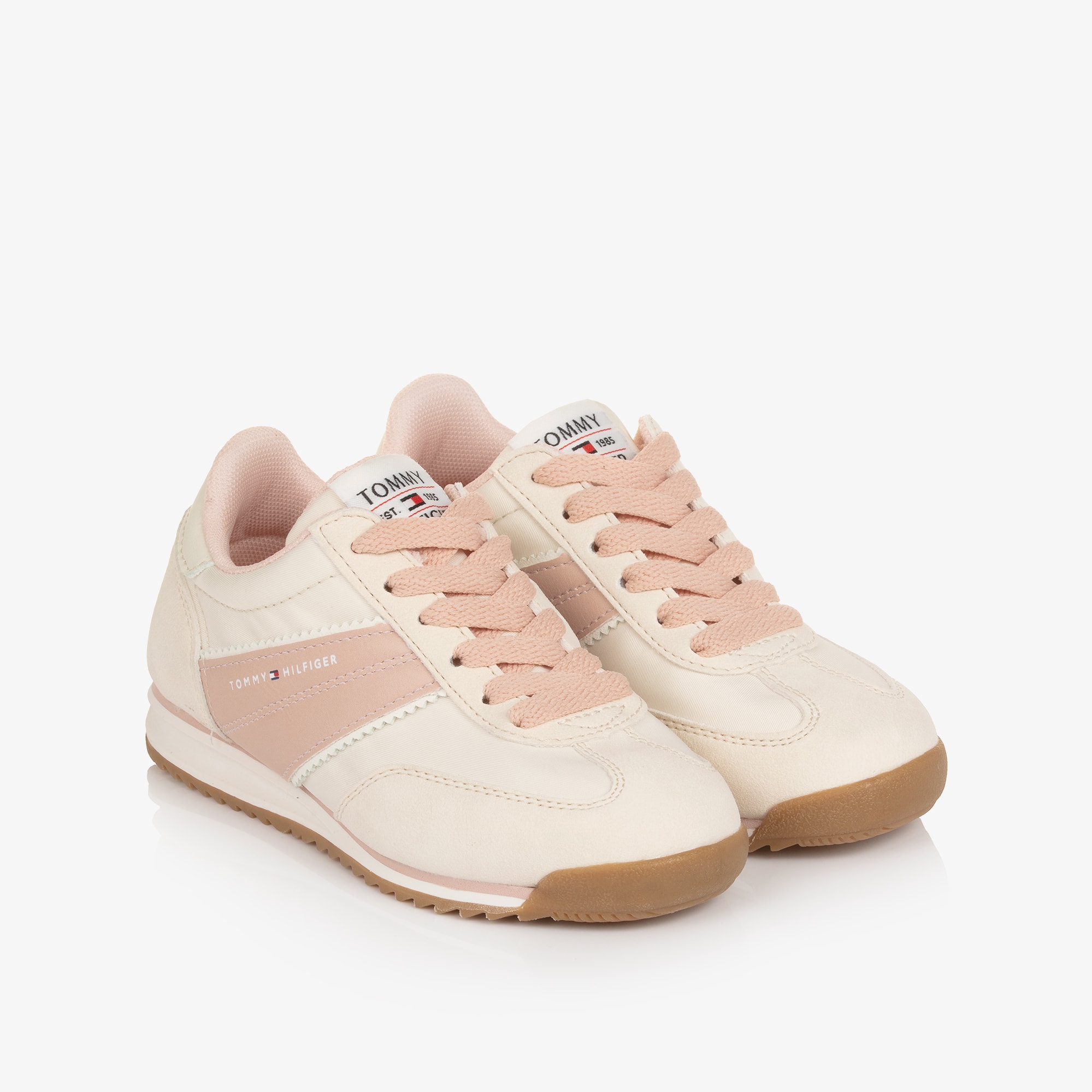 Girls Ivory & Pink Lace-Up Trainers - View 1