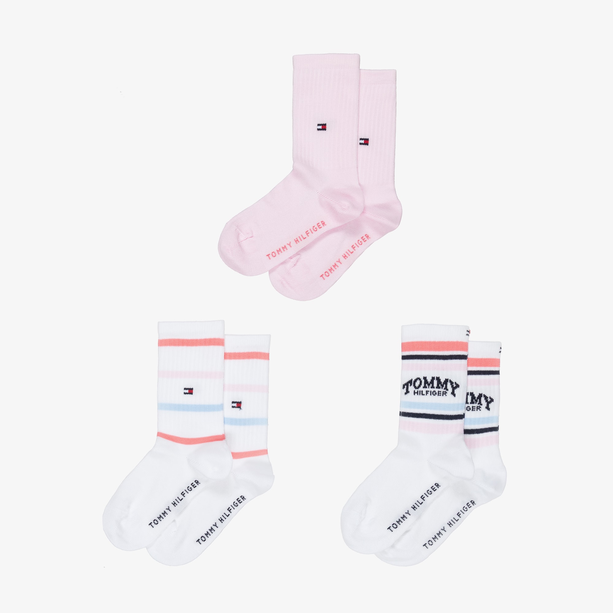 Girls White Striped & Pale Pink Ankle Socks (3 Pack) - View 2