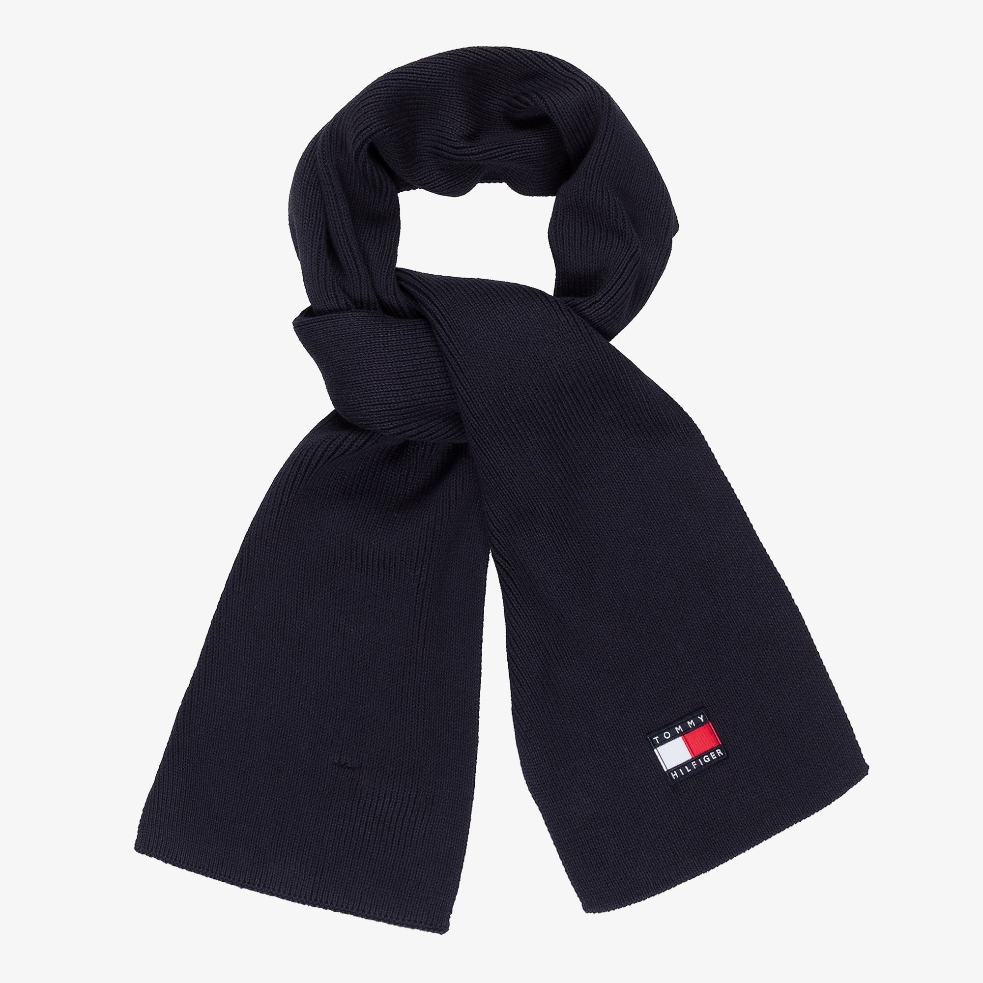 Navy Blue Cotton Knit Scarf with Flag Logo - View 1