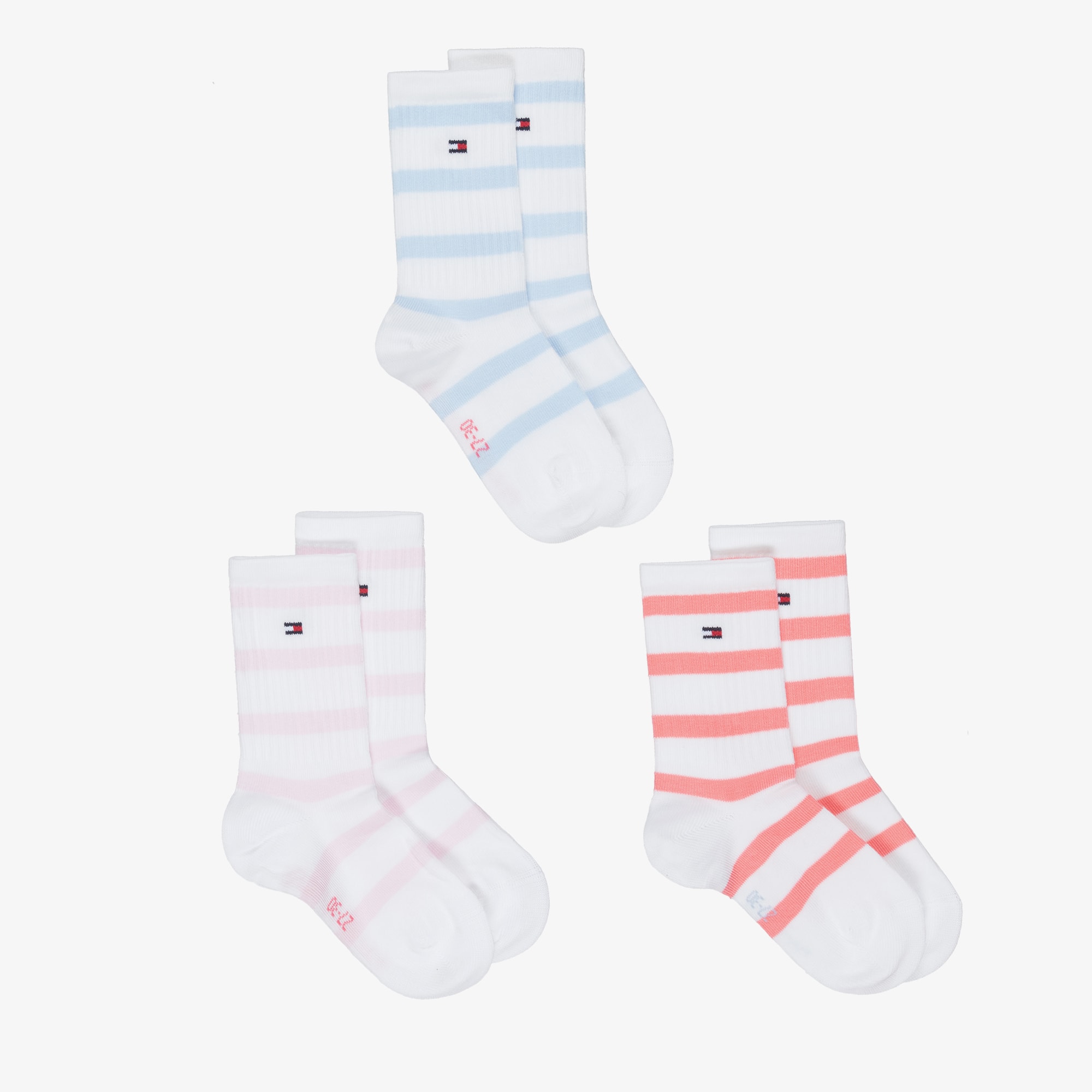 White Ankle Socks with Blue & Pink Stripes (3 Pack) - View 1