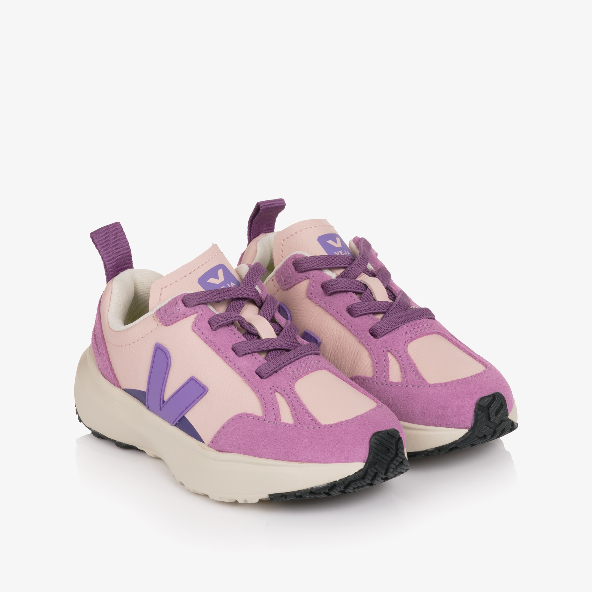 Girls Pink Leather Slip-On Trainers with Lilac Suede Trim - View 1