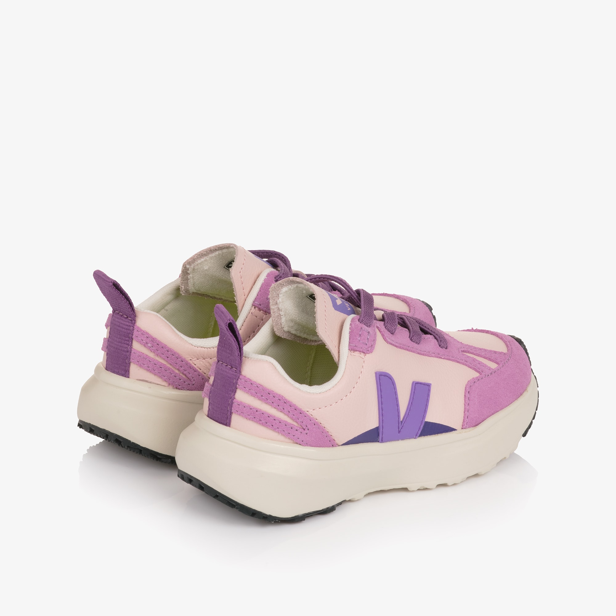 Girls Pink Leather Slip-On Trainers with Lilac Suede Trim - View 3