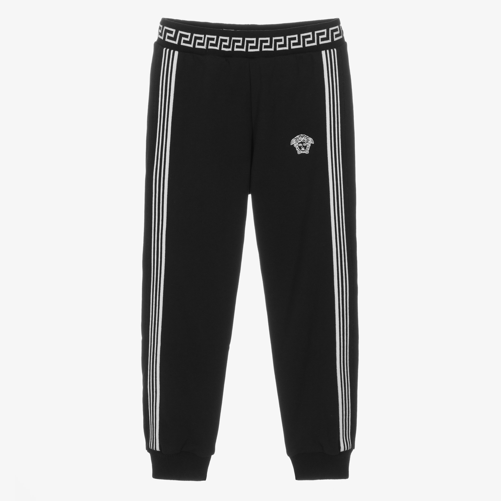 Older Boys Black Cotton Joggers with Greca Waistband - View 1