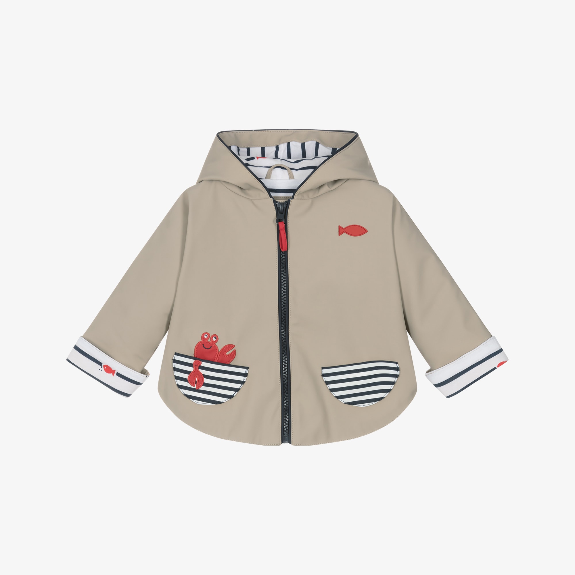 Baby Boys Beige Rain Cape with Breton Stripe Detailing - View 1