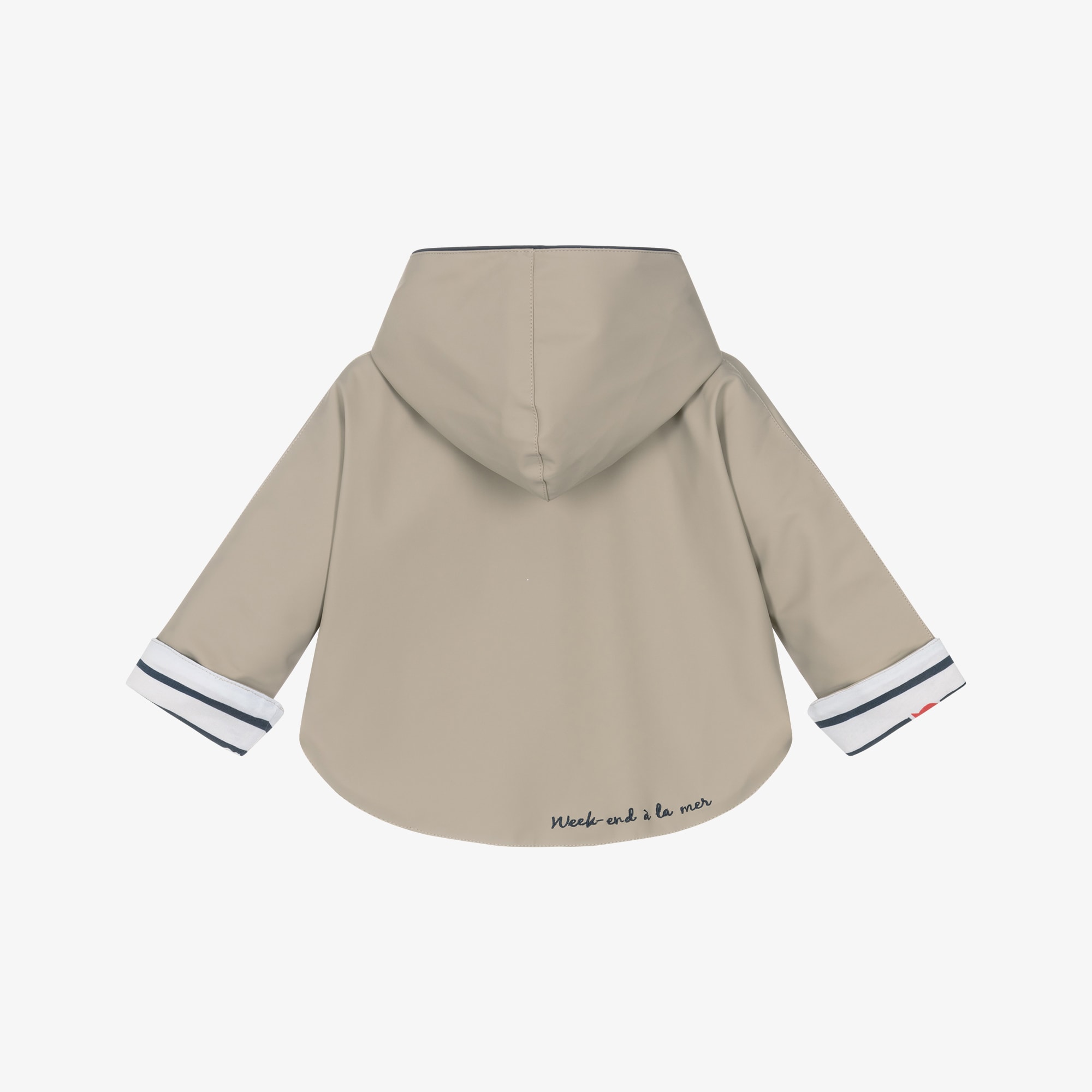 Baby Boys Beige Rain Cape with Breton Stripe Detailing - View 2