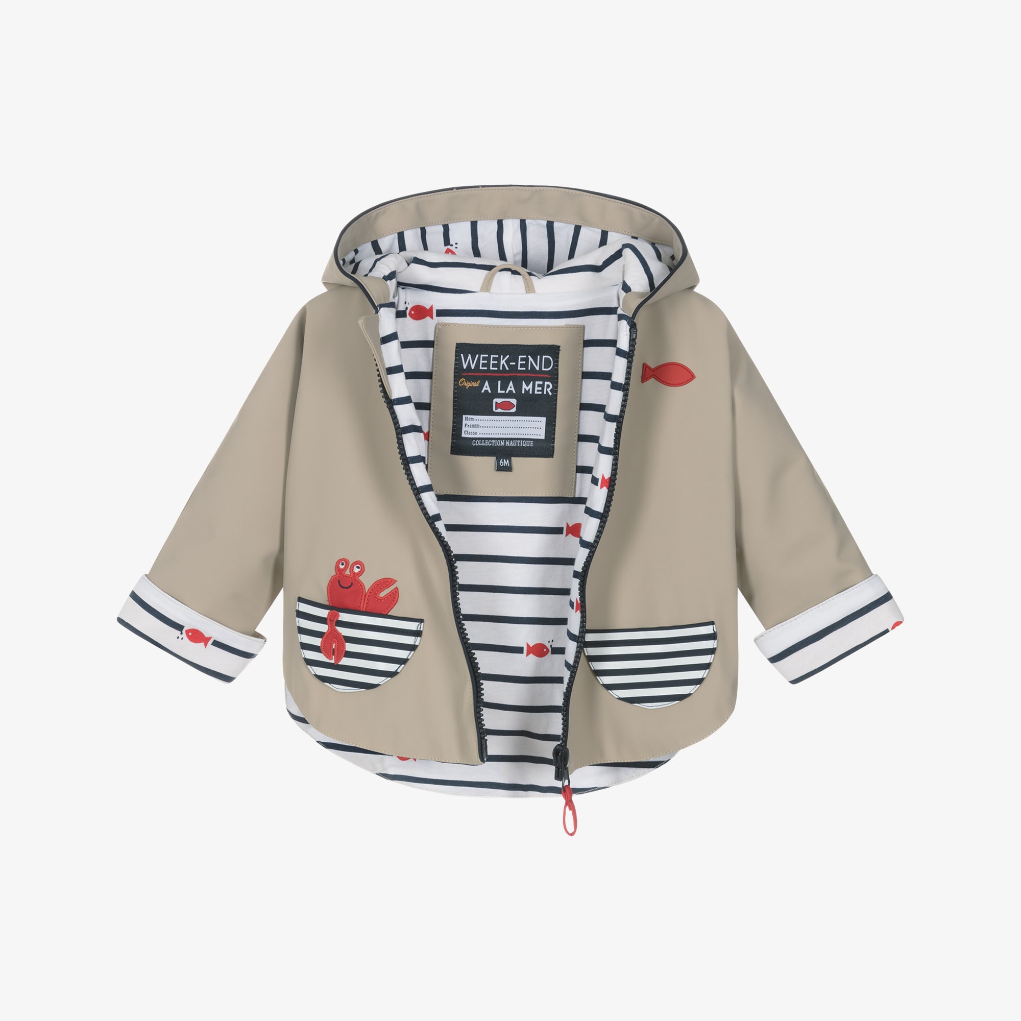Baby Boys Beige Rain Cape with Breton Stripe Detailing - View 3