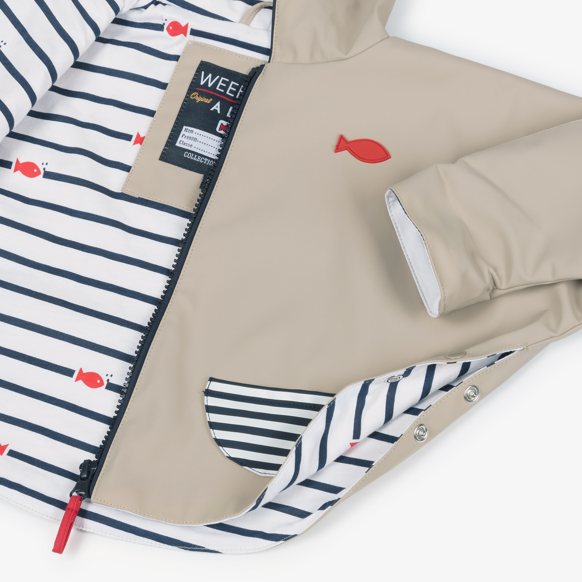 Baby Boys Beige Rain Cape with Breton Stripe Detailing - View 4